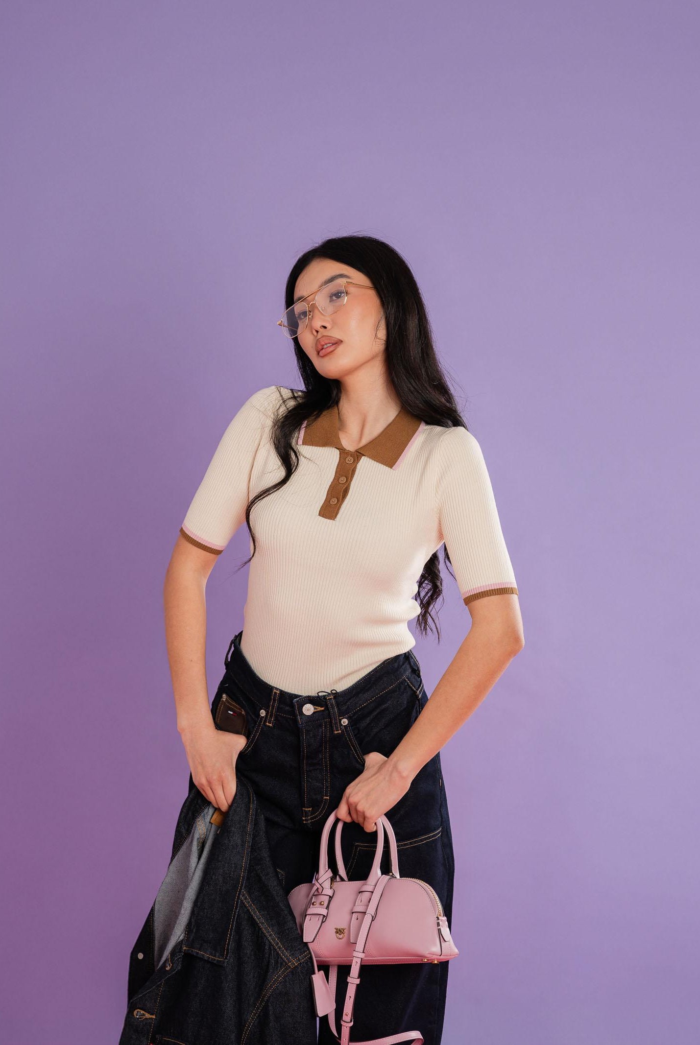 ONLY Polo in maglia a maniche corte beige da donna con colletto a contrasto 15363165 Gr ONLY