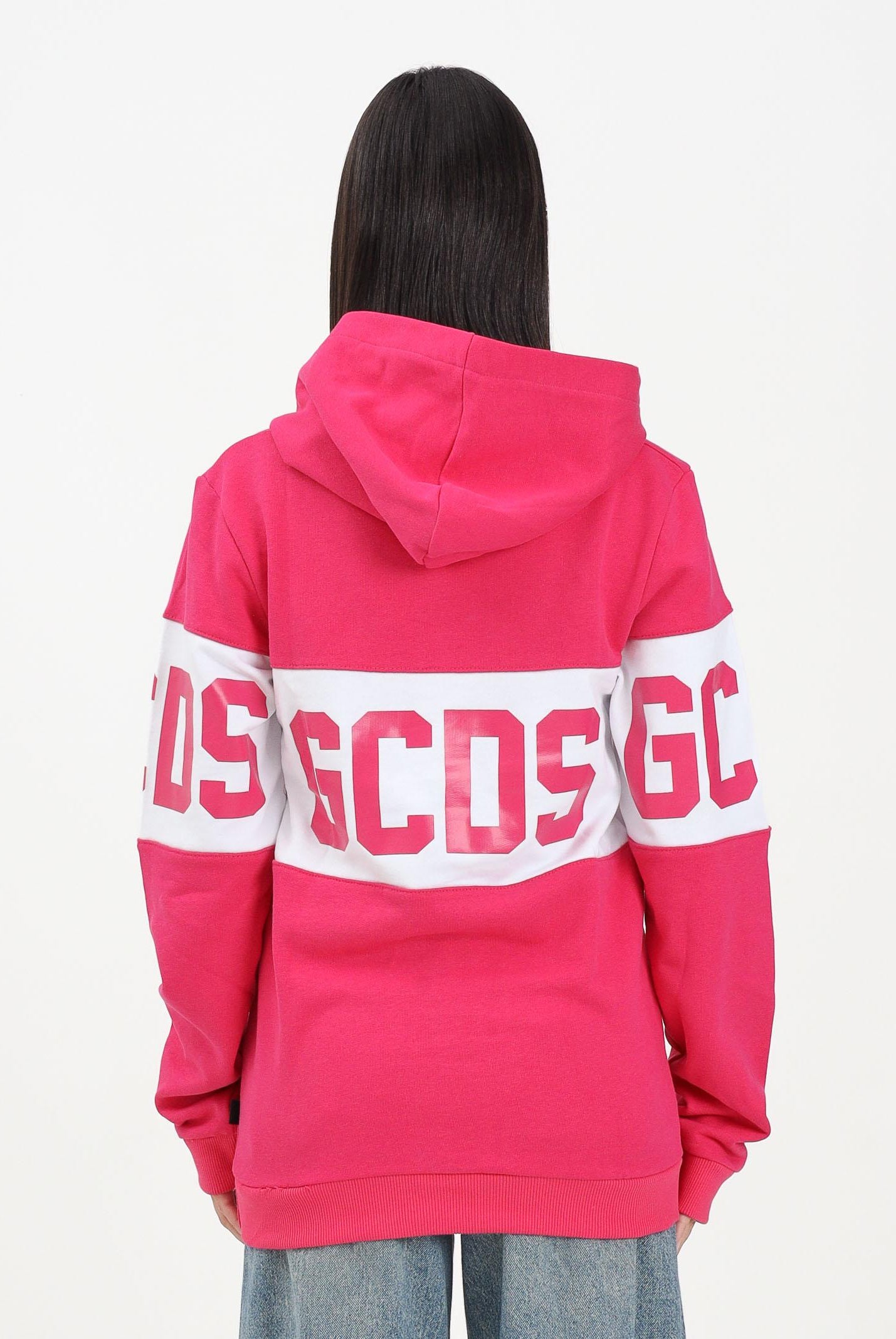 GCDS Felpa con cappuccio fucsia per donna, ragazze e bambine rifinita da stampa logo B2JU1926BA2 59 GCDS