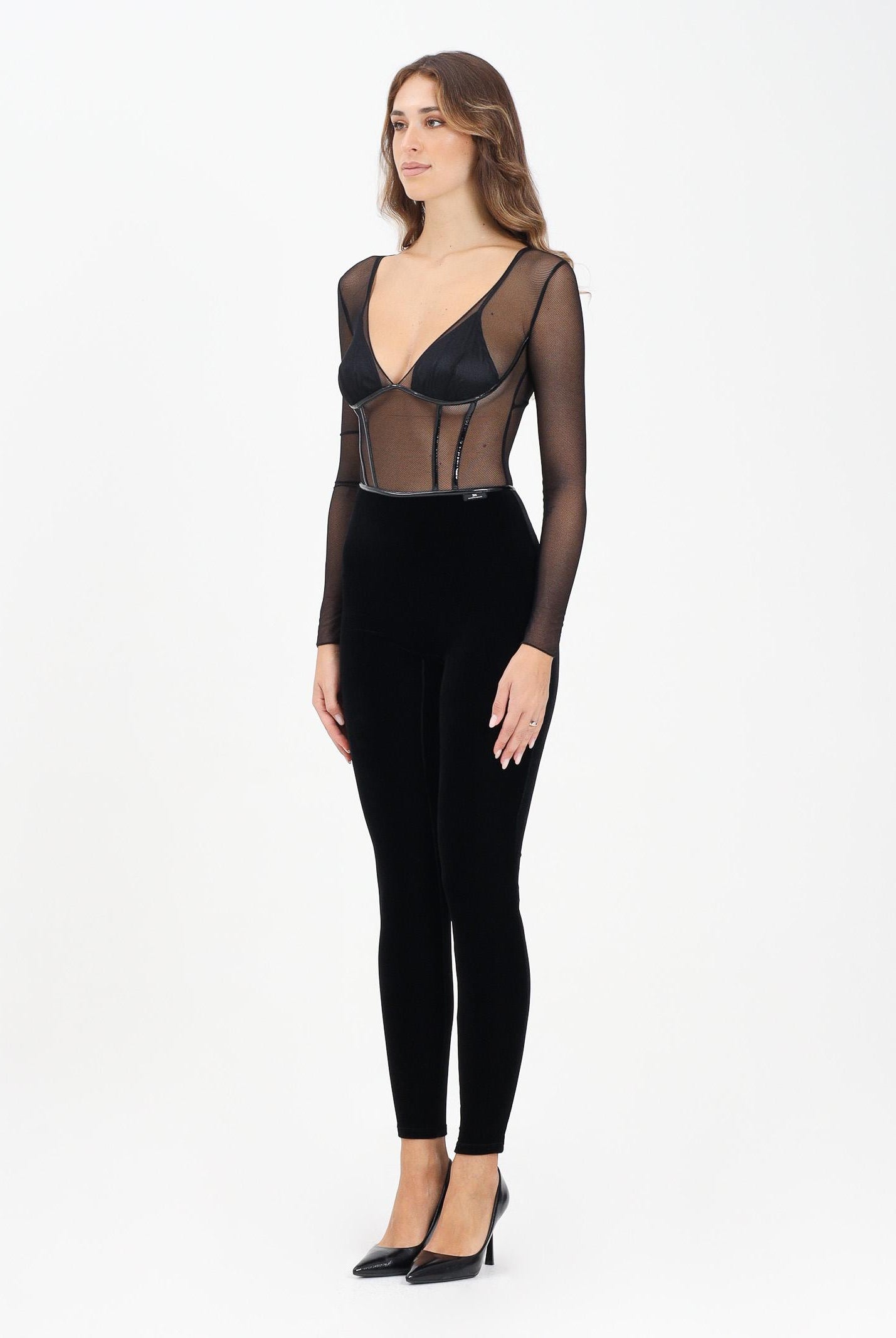 ELISABETTA FRANCHI Tuta nera da donna in tulle e velluto con dettagli in vinile TU06057E2 110 ELISABETTA FRANCHI