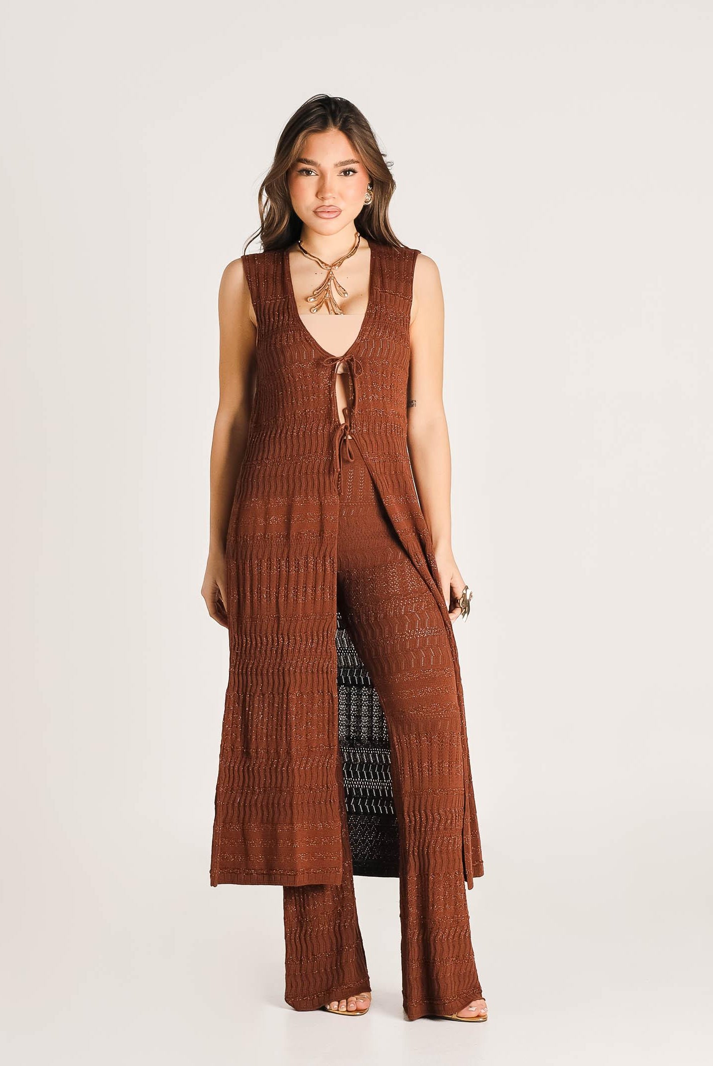 AKEP Pantalone marrone da donna in maglia lavorata PTKD13211 V2 AKEP