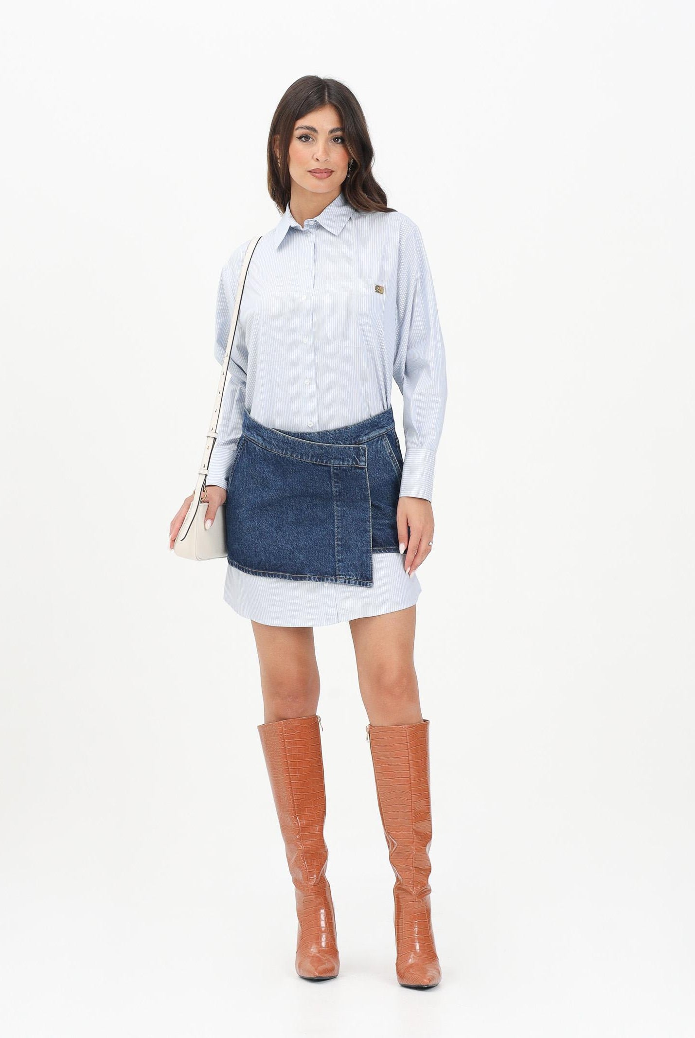 ELISABETTA FRANCHI Abito corto da donna composto da camicia a righe bianche e blu e minigonna in denim TG00156E2 EF4 ELISABETTA FRANCHI