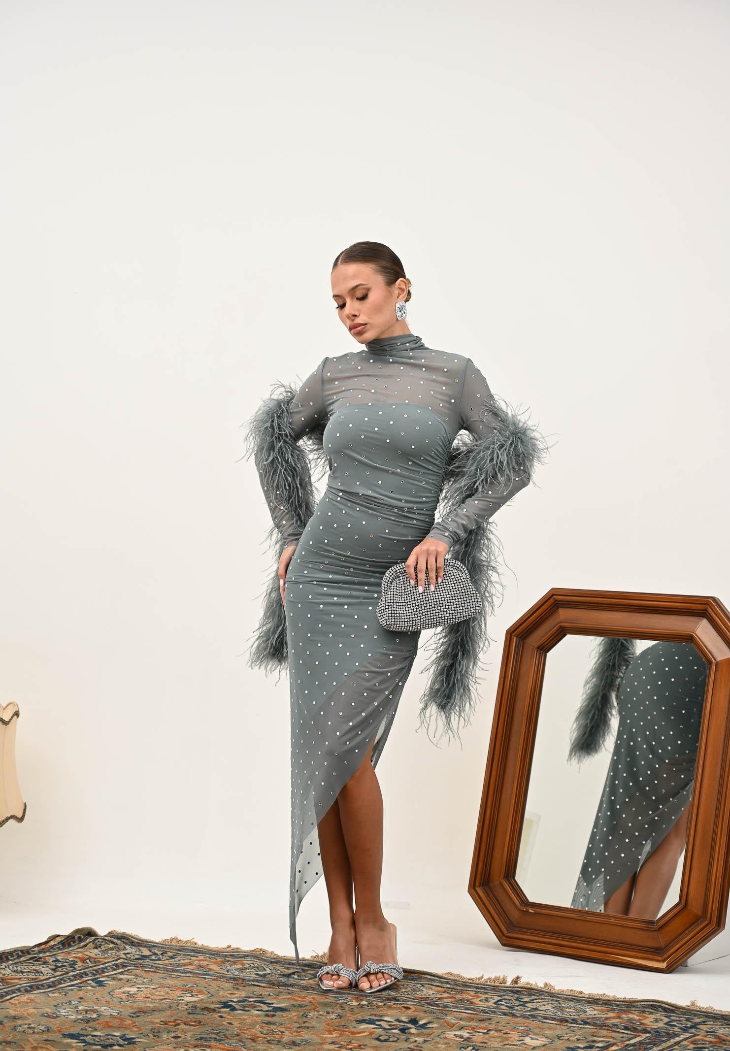 ALMA SANCHEZ Abito midi Acerno carta da zucchero da donna con piume e strass AS2526008RT 814 ALMA SANCHEZ