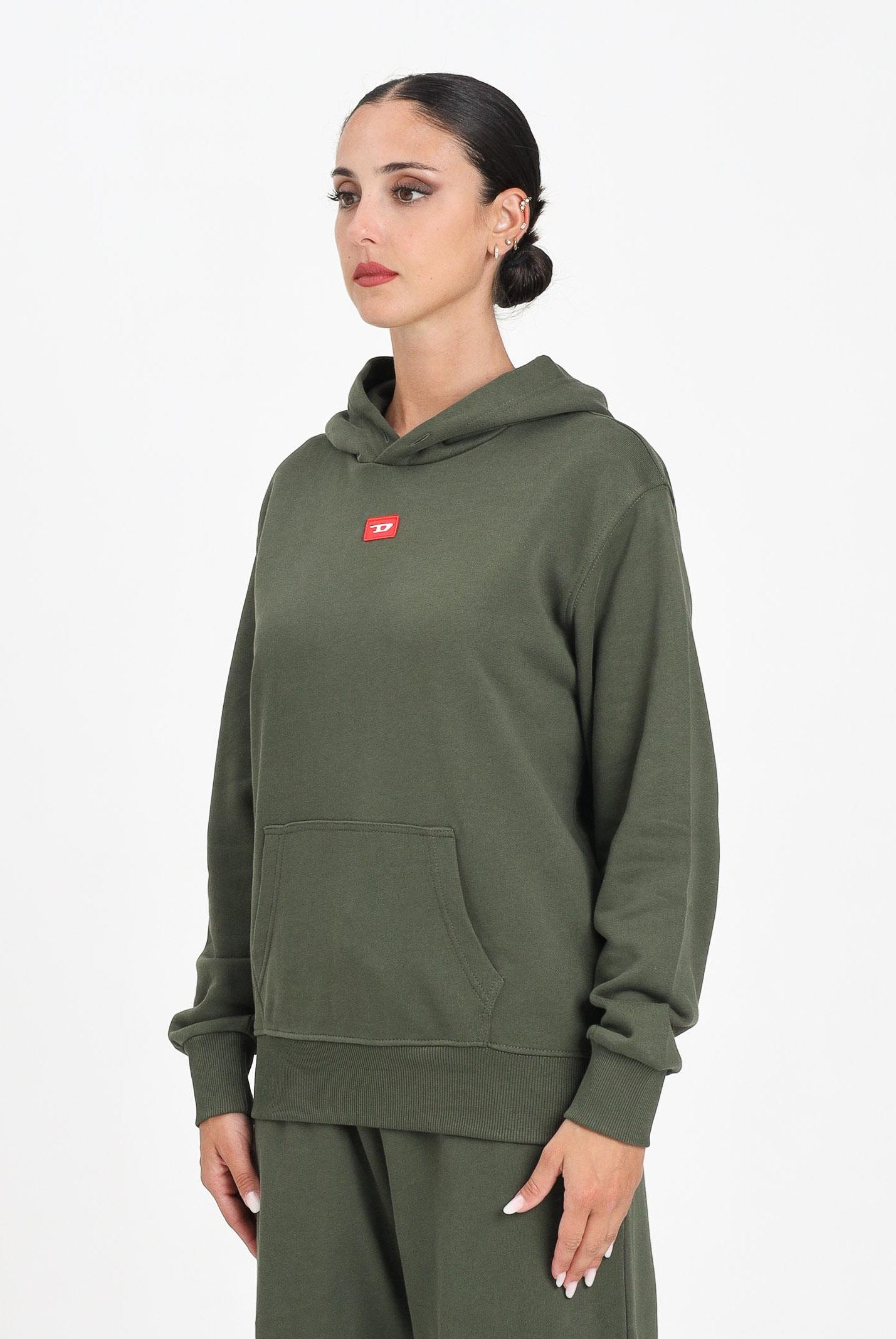 DIESEL Felpa con cappuccio verde militare per donna, ragazzi e bambini rifinita da patch D J025020GEAD K513 DIESEL