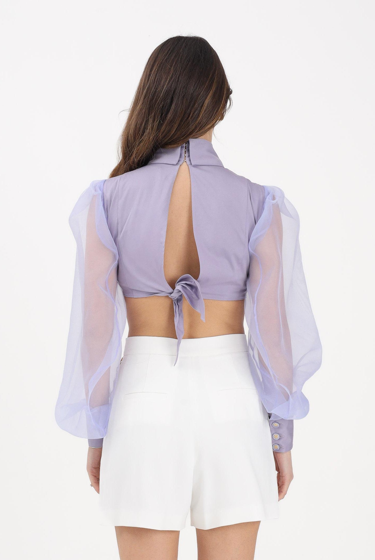 ELISABETTA FRANCHI Camicia crop lilla da donna con maniche dai volumi balloon CA14461E2 EV7 ELISABETTA FRANCHI