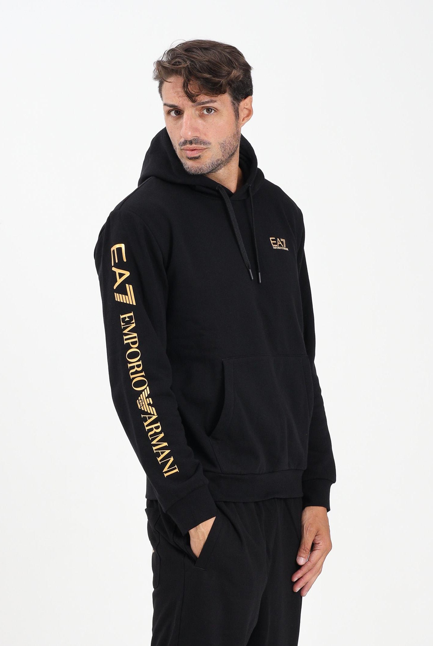 EA7 Felpa con cappuccio nera da uomo caratterizzata da stampa logo 7M000570AF10377 MC004 EA7