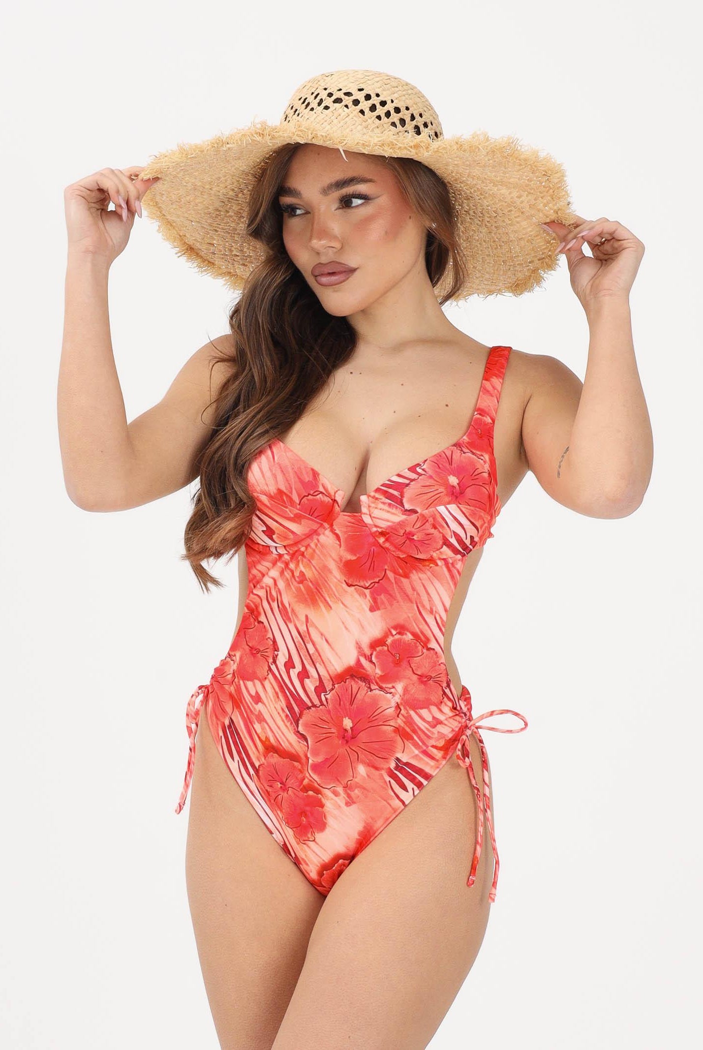 ME FUI Costume intero rosso corallo da donna con stampa floreale MF26-SW0343X12 . ME FUI