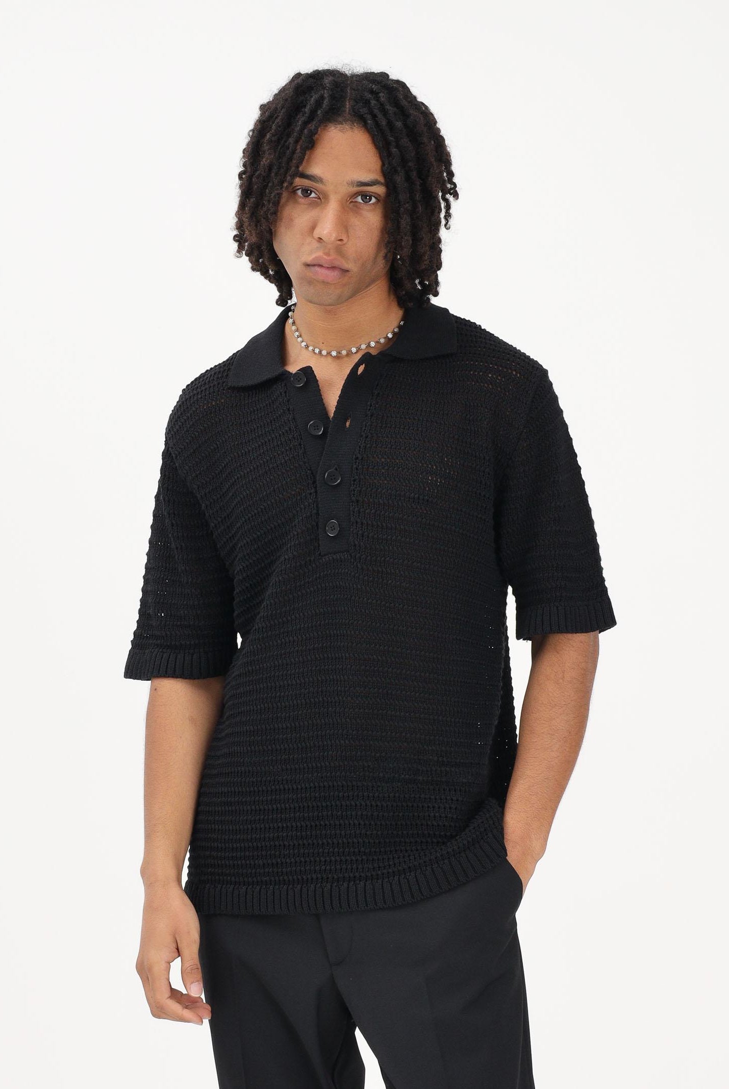 I'M BIRAN Polo nera da uomo in tessuto lavorato a maglia traforata MA3604 009 I'M BRIAN