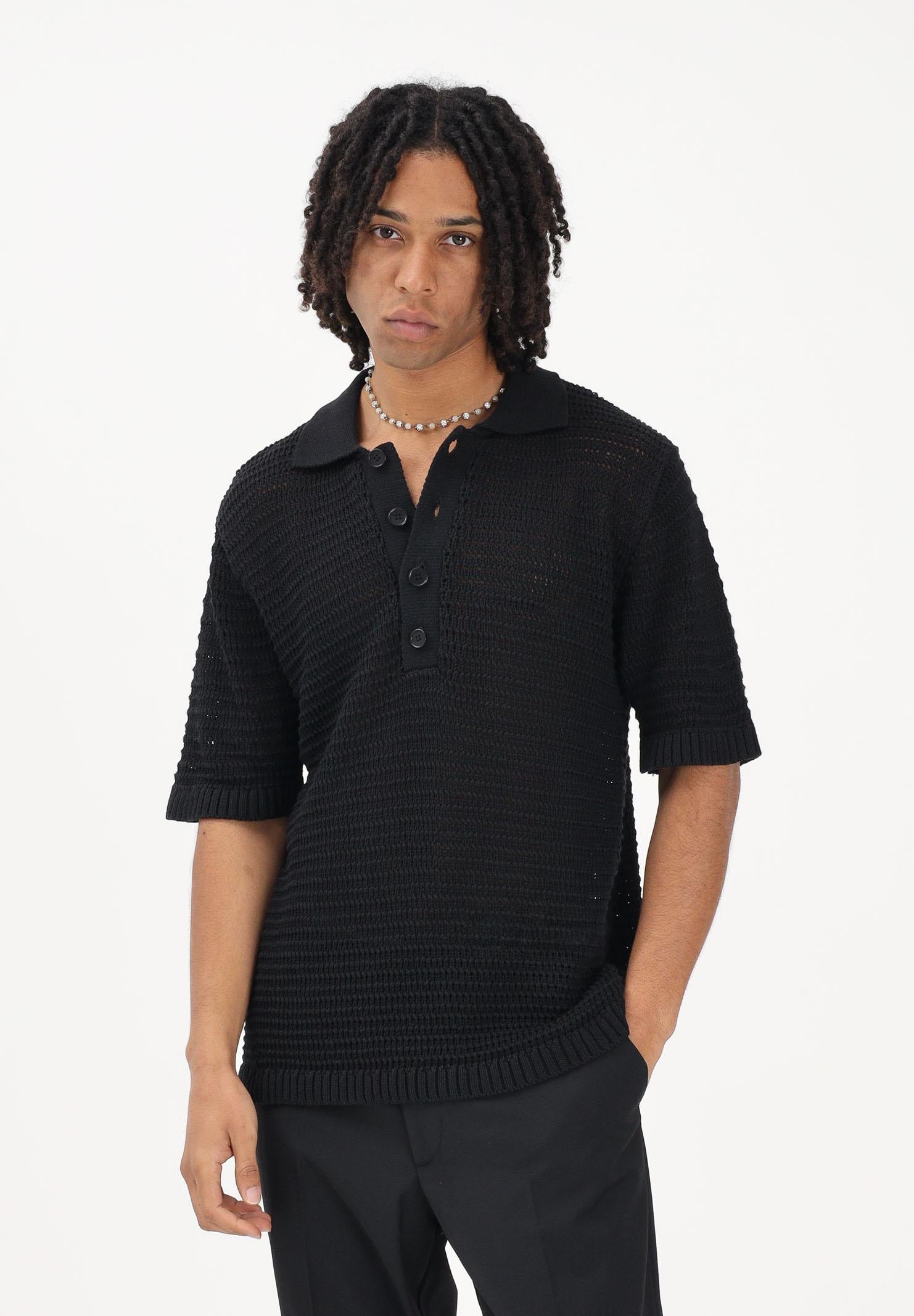 I'M BIRAN Polo nera da uomo in tessuto lavorato a maglia traforata MA3604 009 I'M BRIAN