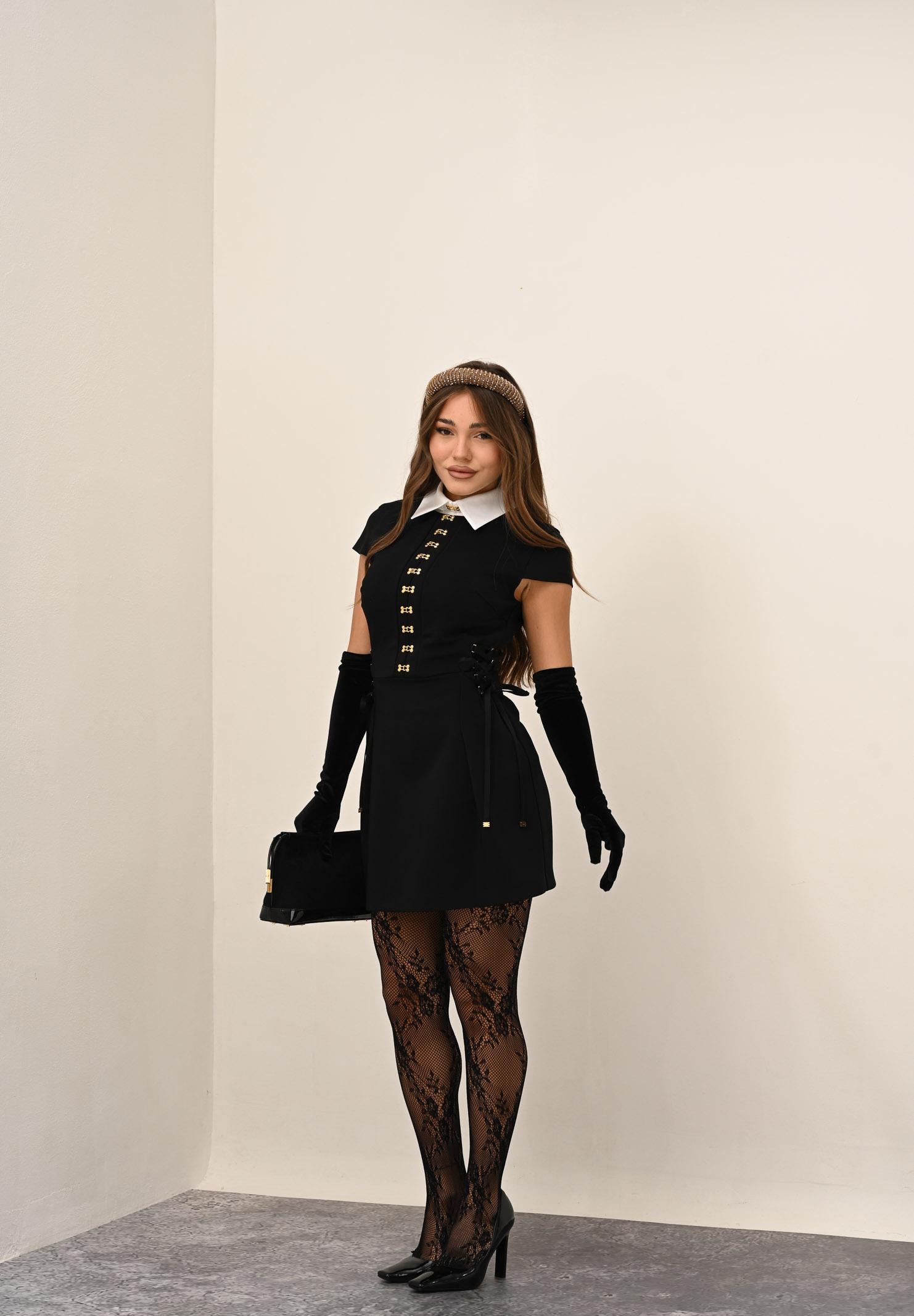 ELISABETTA FRANCHI Abito corto nero da donna in raso e popeline con ganci gioiello AB89957E2 222 ELISABETTA FRANCHI