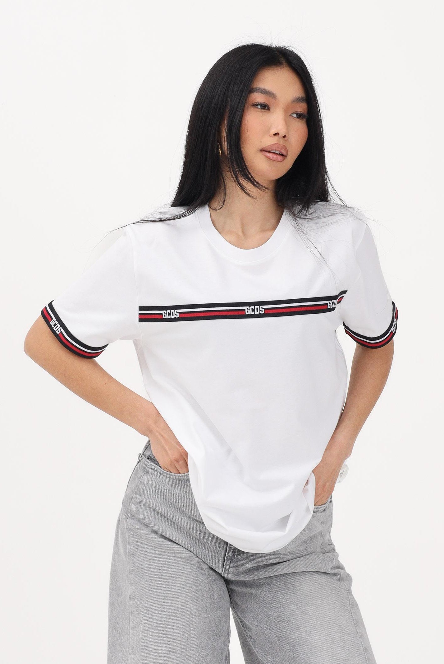 GCDS T-shirt a manica corta bianca per uomo e donna con bande logate C1MEQC036J101 100B GCDS