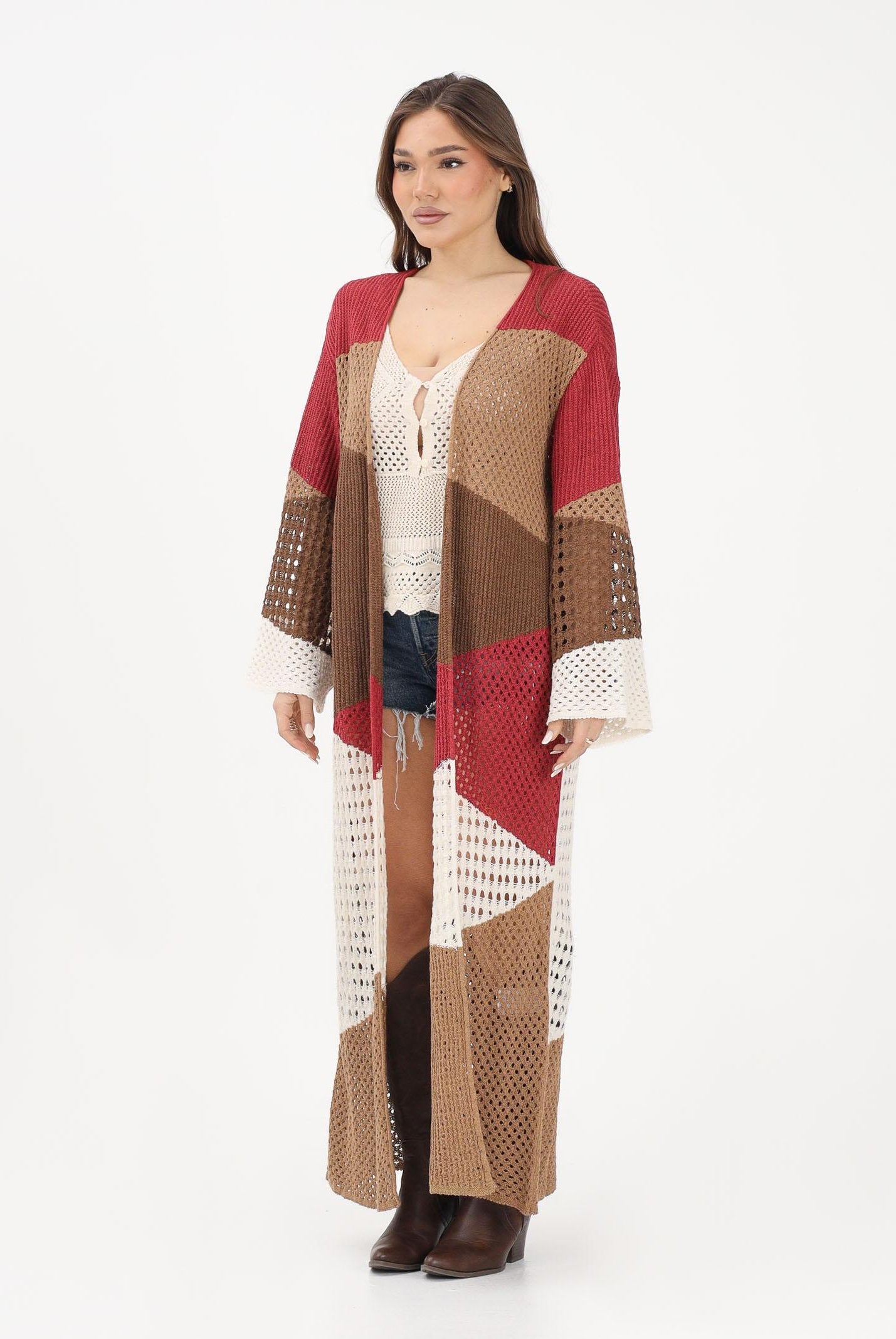 AKEP Cardigan lungo multicolore da donna in maglia traforata MGKD13070 V1 AKEP