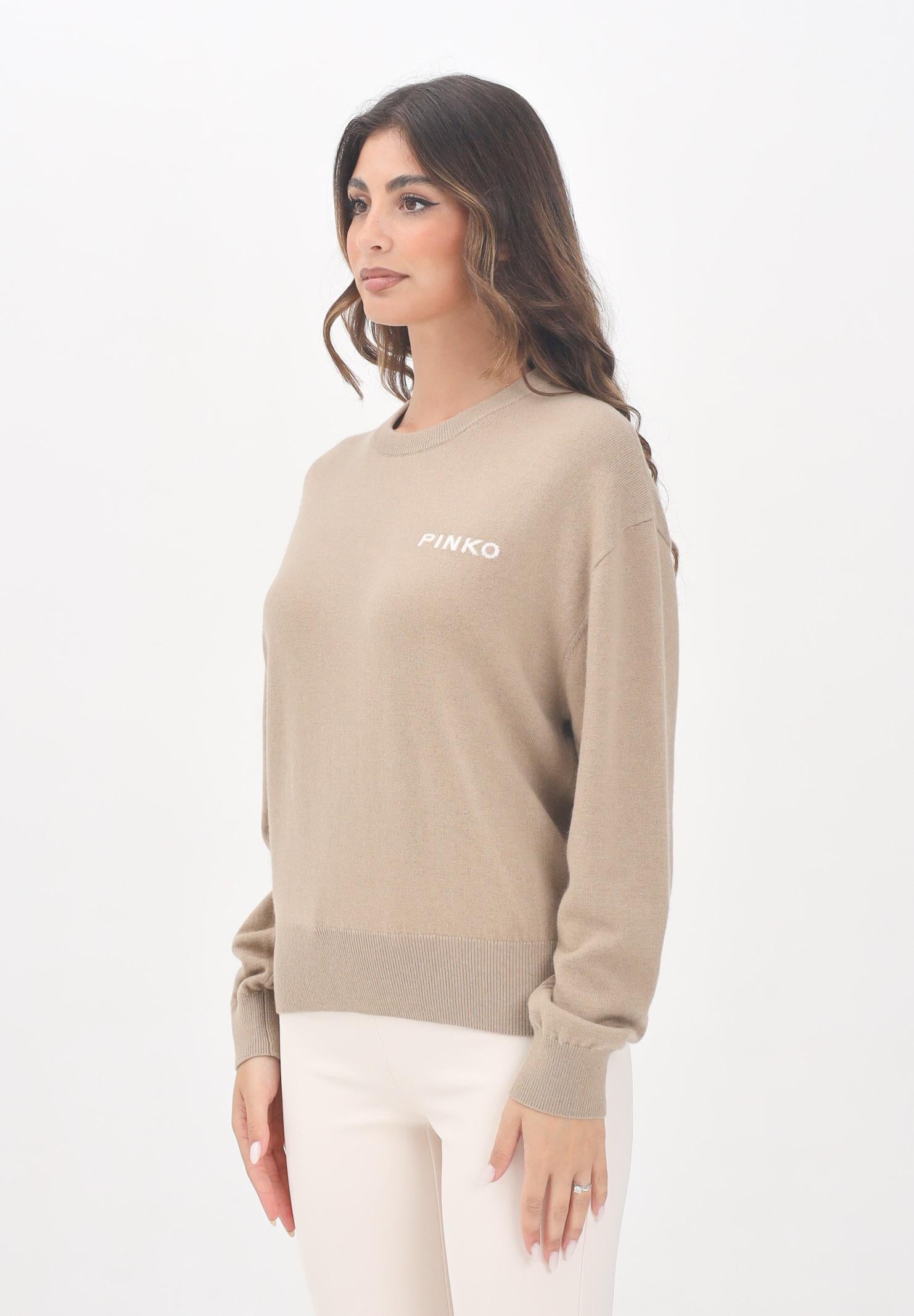 PINKO Maglioncino girocollo cammello da donna con maxi logo 105561A2SI MZ2 PINKO
