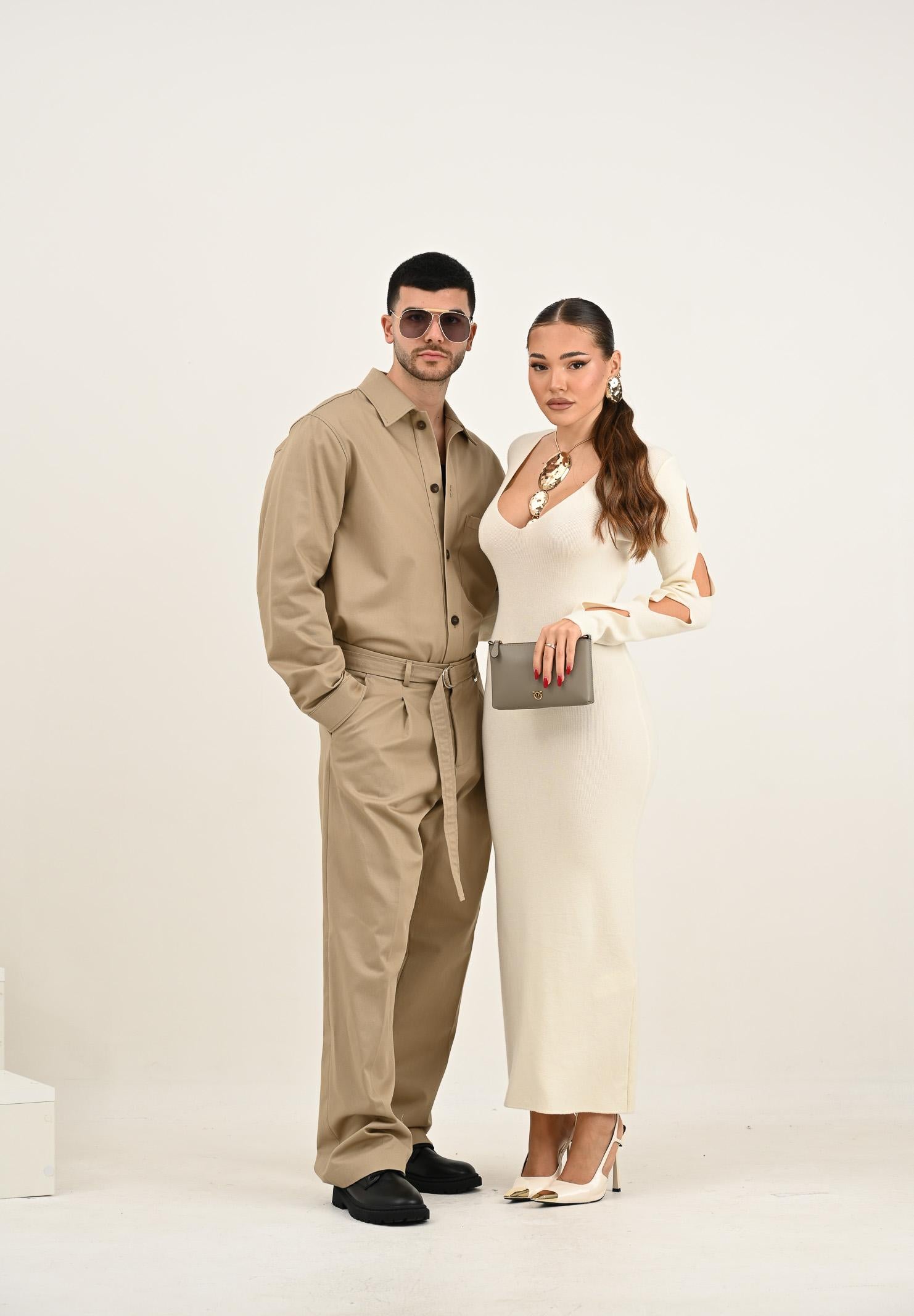 AKEP Abito lungo panna da donna con dettaglio fori su maniche VSKD11034 V5 AKEP