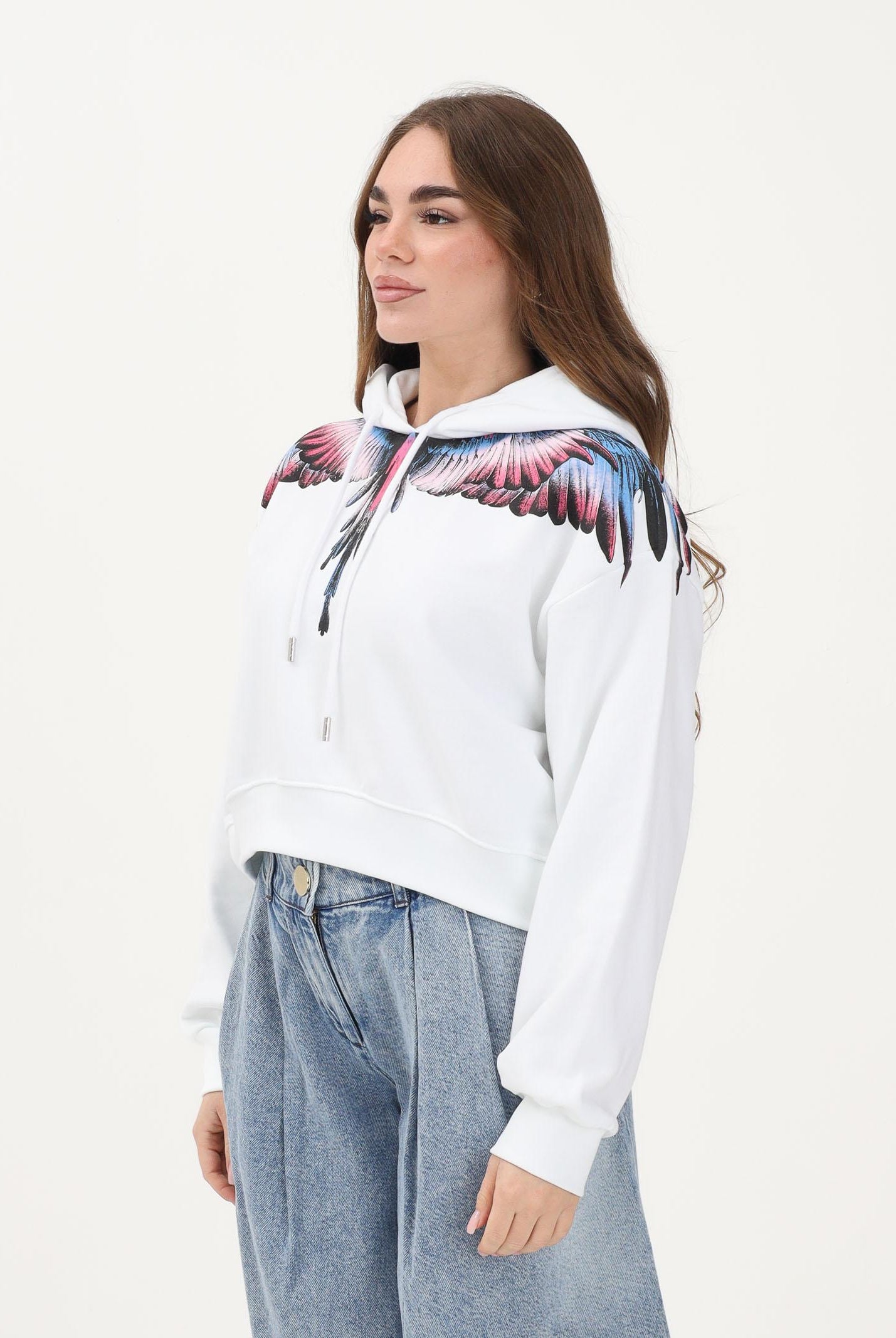 MARCELO BURLON COUNTY OF MILAN Felpa con cappuccio bianca da donna rifinita da stampa ali 26ECM30100 BICERO MARCELO BURLON COUNTY OF MILAN