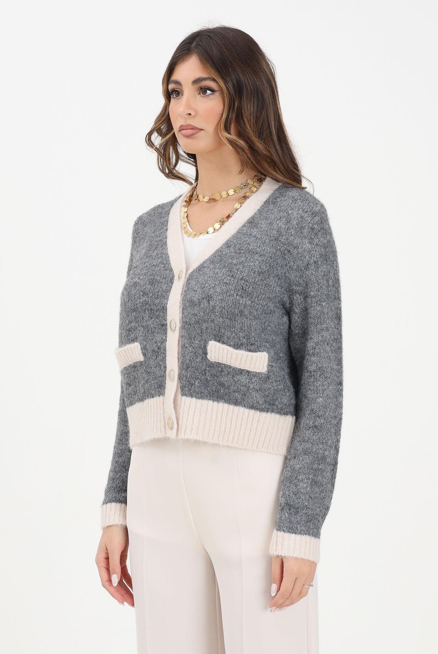 ONLY Cardigan grigio da donna con dettagli a contrasto color panna 15350851 MediumGreyMel ONLY