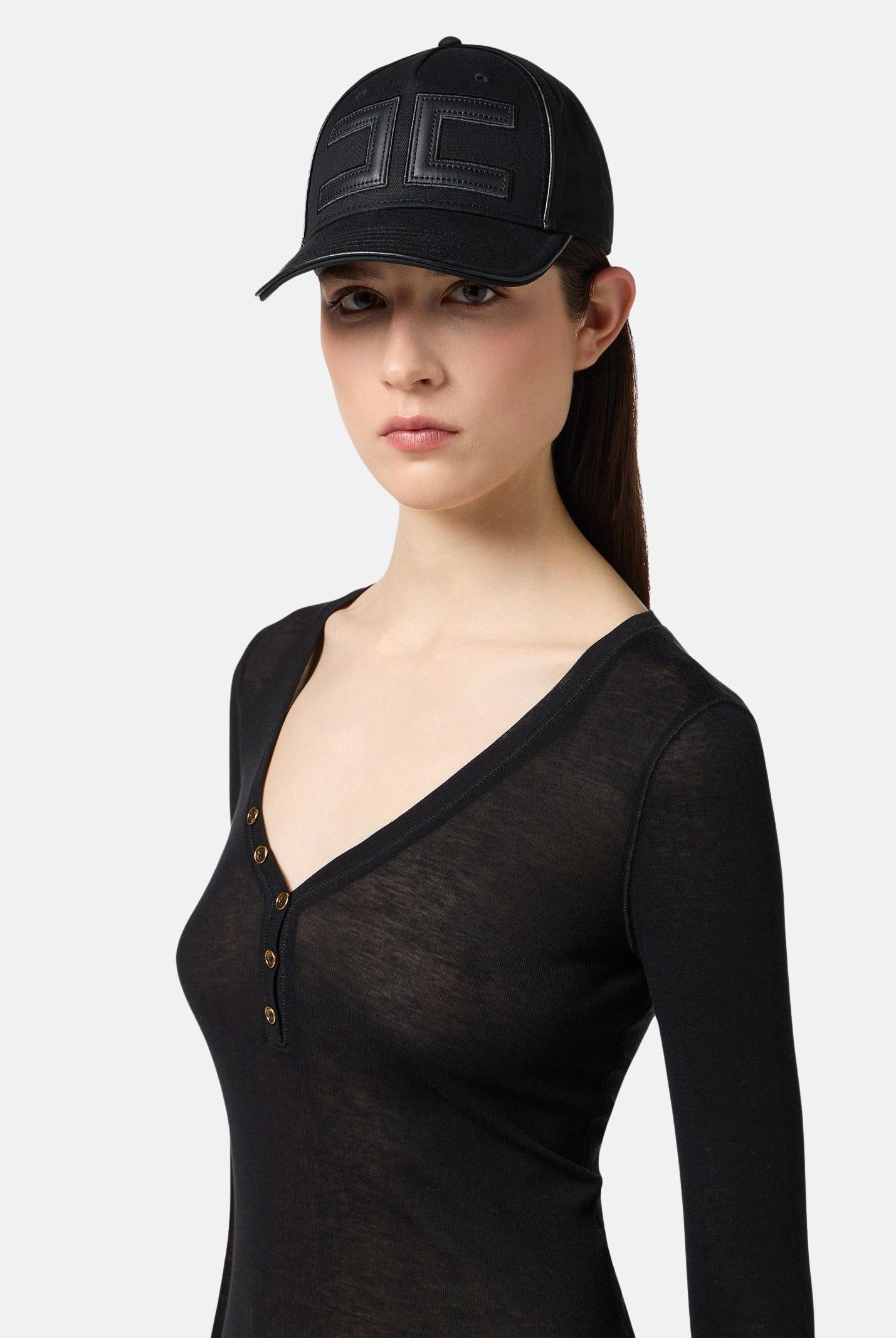 Cappello nero da donna in gabardina con logo<BR/> CL21F57E2 110 ELISABETTA FRANCHI