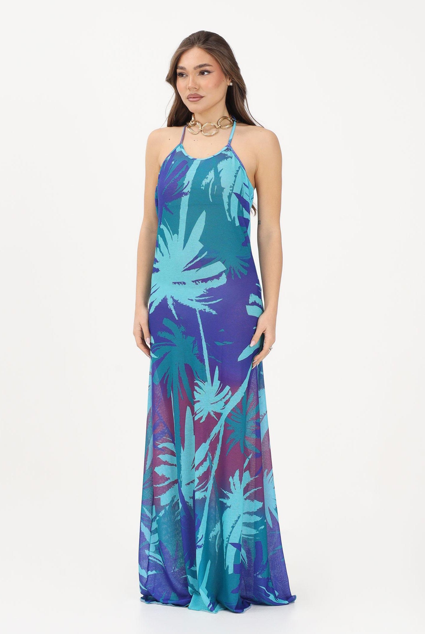 ME FUI Abito lungo multicolore da donna con stampa tropicale MF26-SW0837X45 . ME FUI