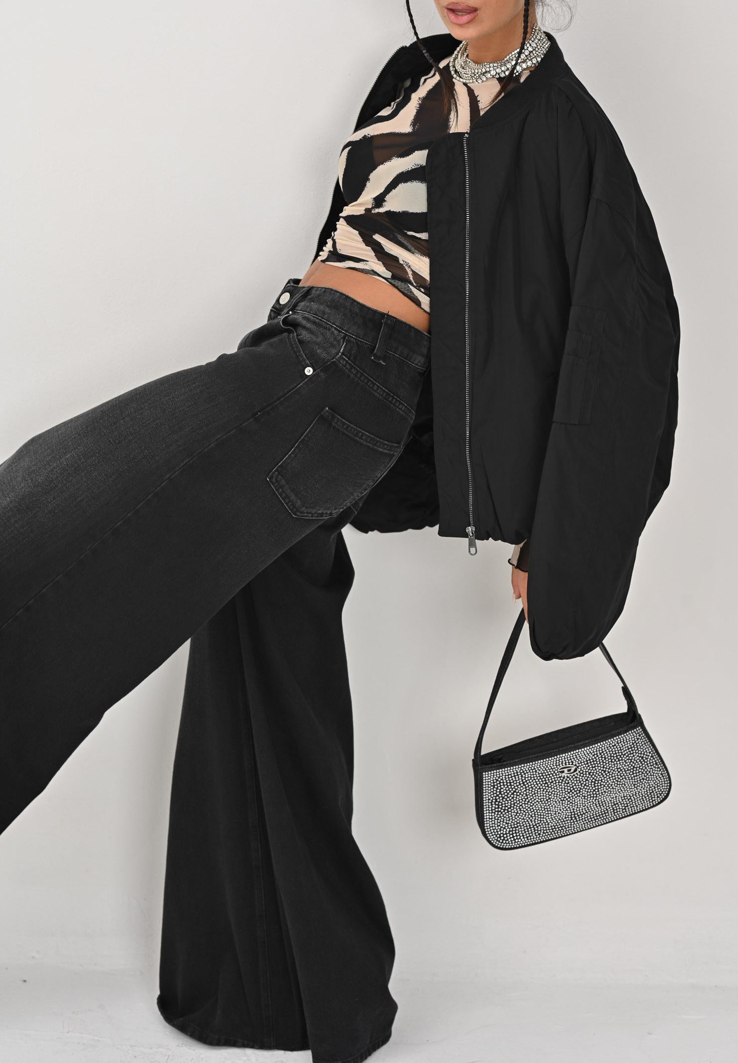 DIESEL Borsa WJULIE in denim nero da donna con strass applicati J02530KXBRM K02 DIESEL