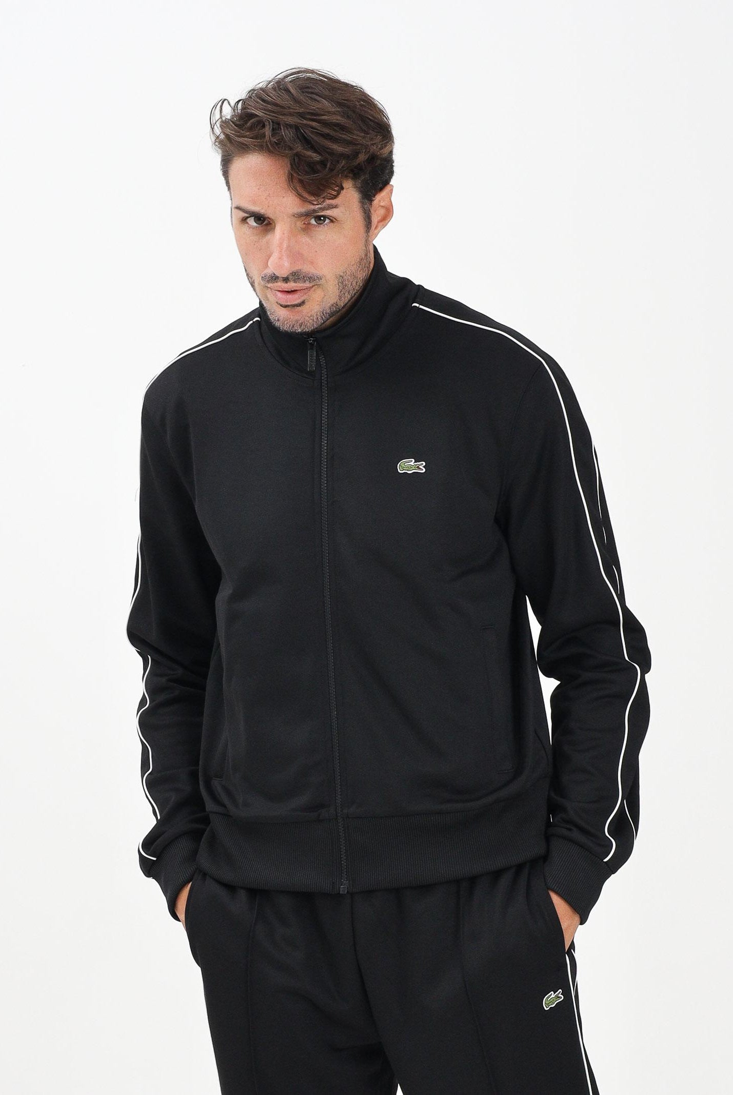 LACOSTE Felpa con zip in piqué Paris nera da uomo SH1457 031 LACOSTE