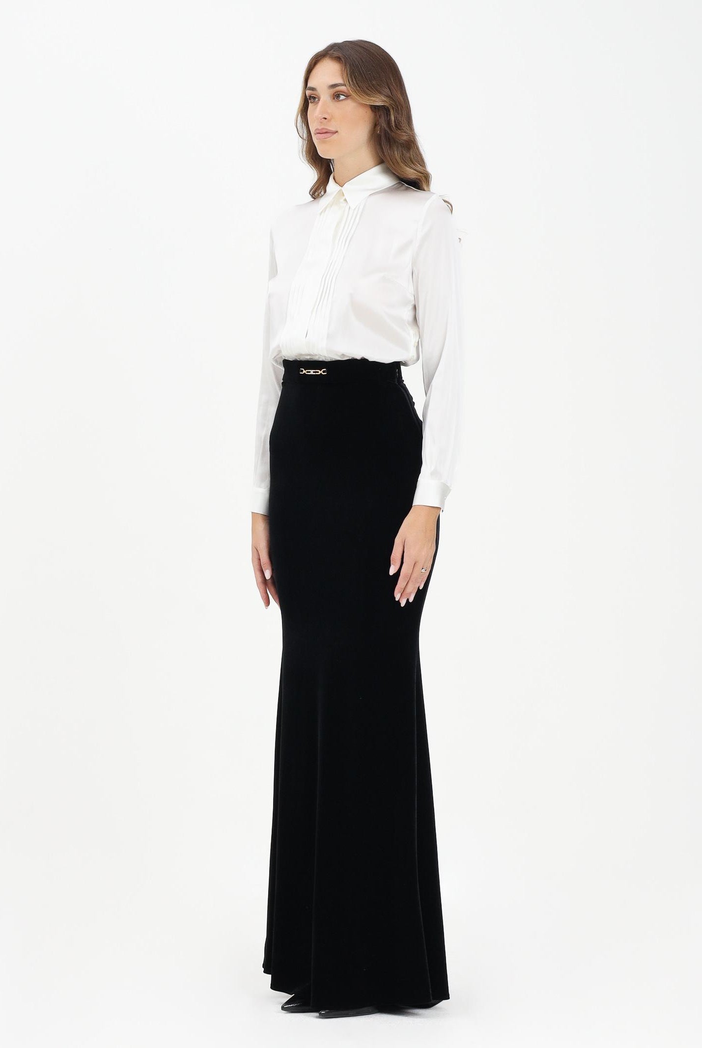 ELISABETTA FRANCHI Abito lungo bianco e nero da donna in raso e velluto<BR/> ABR4657E2 309 ELISABETTA FRANCHI