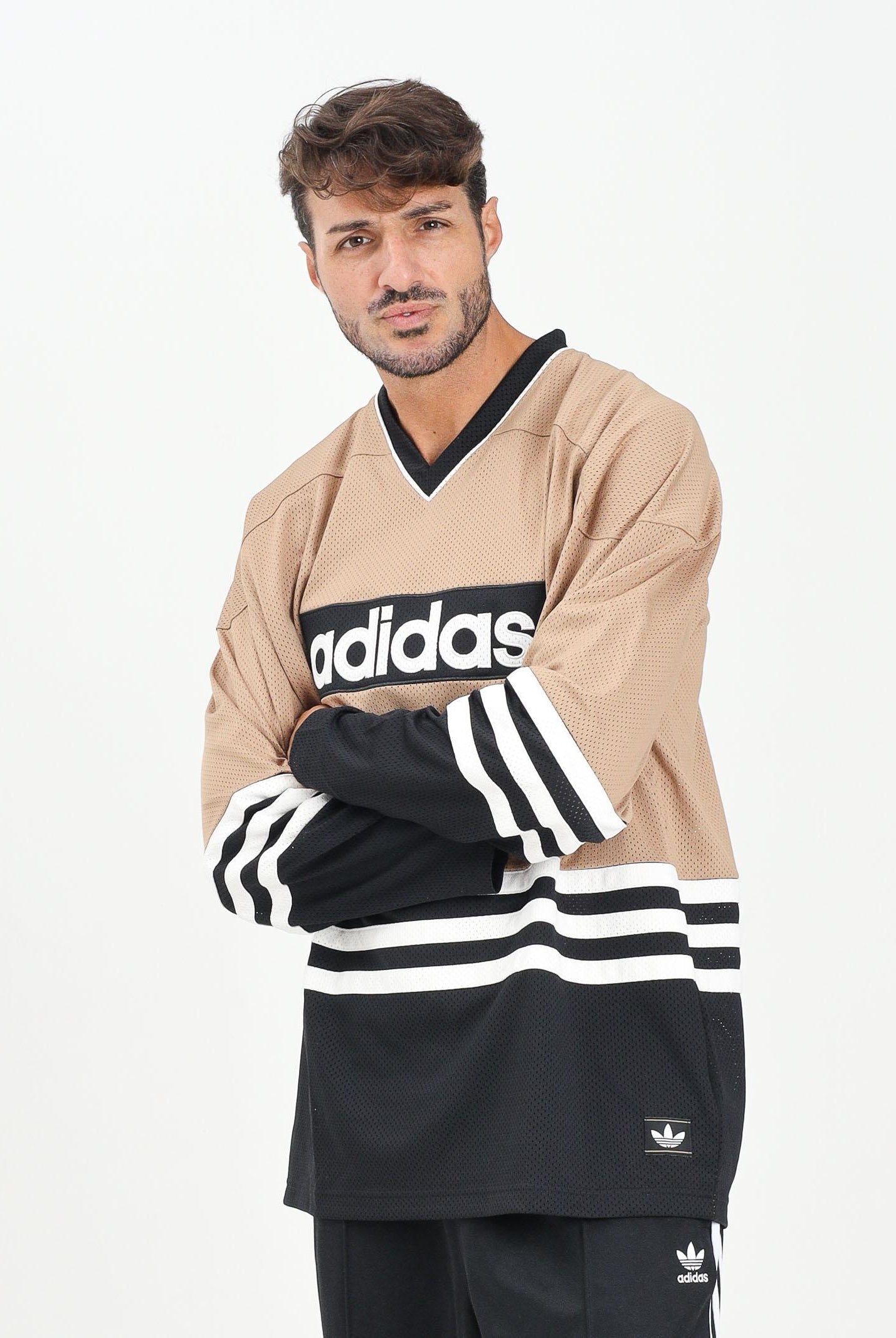 ADIDAS ORIGINALS T-shirt a manica lunga 90s Adidas Hockey Jersey Vintage beige e nera da uomo JY0251 . ADIDAS ORIGINALS