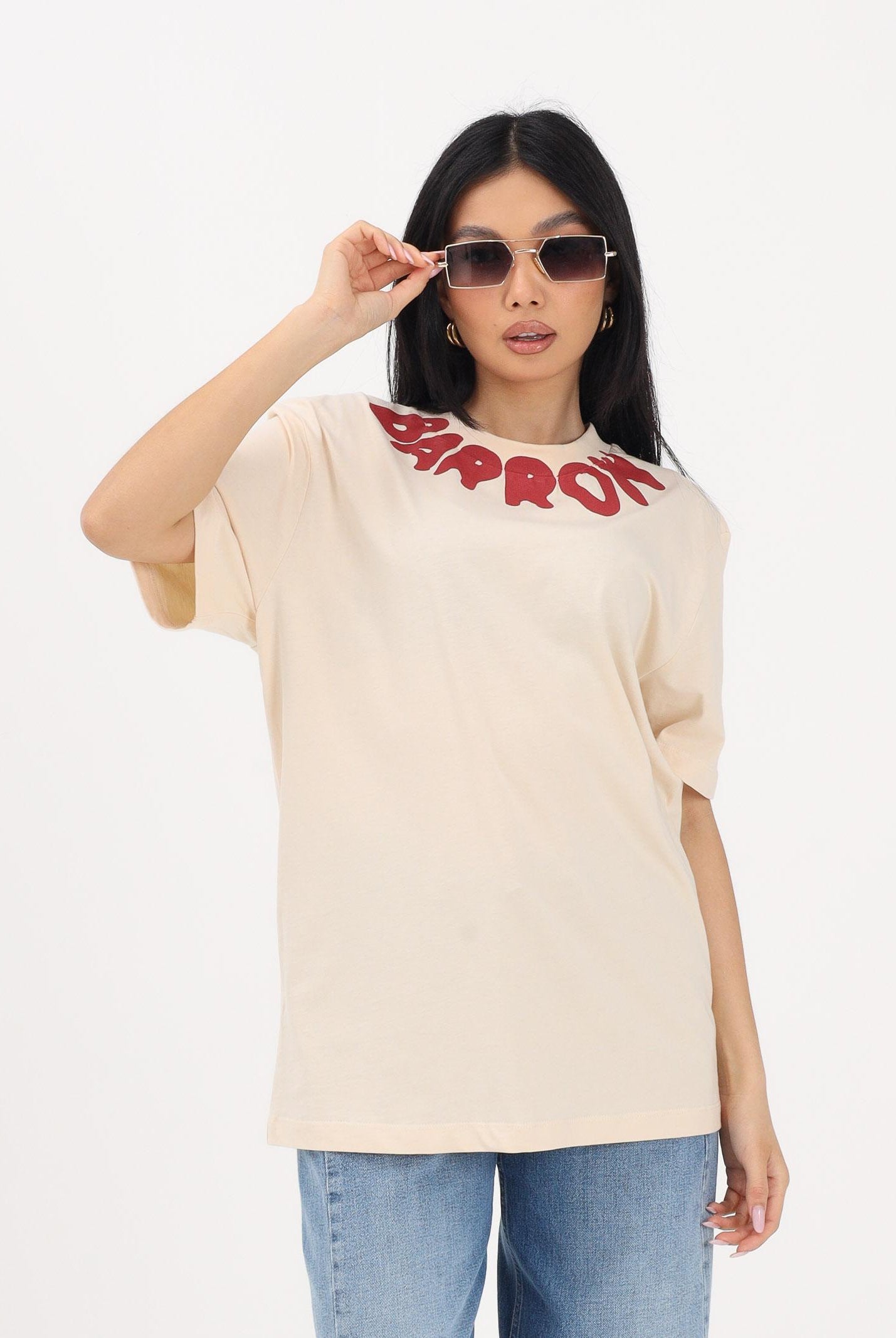 BARROW T-shirt a manica corta crema per uomo e donna con girocollo logato S6BWUATH071 013 BARROW
