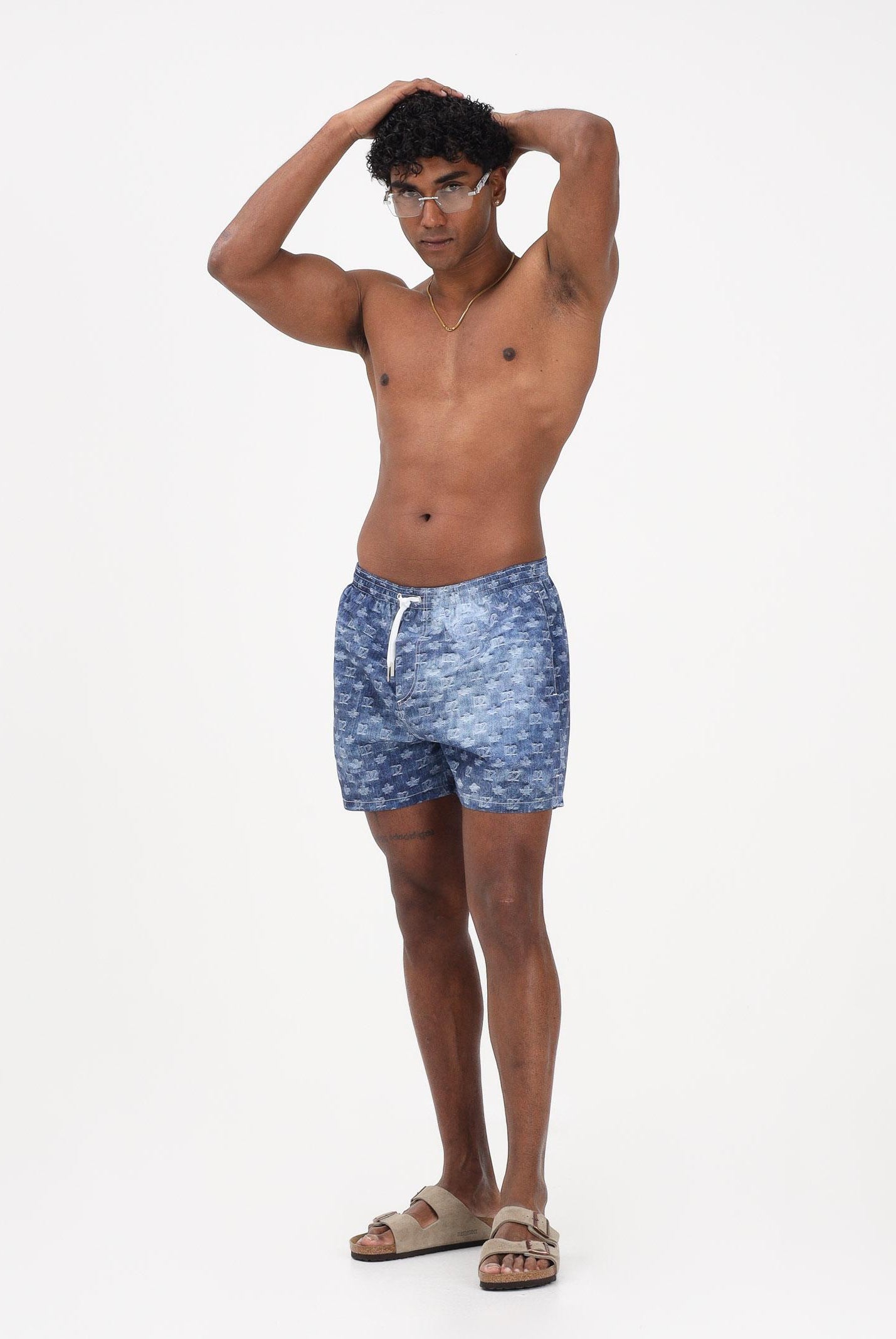 DSQUARED2 Shorts mare blu da uomo con stampa monogram effetto denim D7B626810 454 DSQUARED2