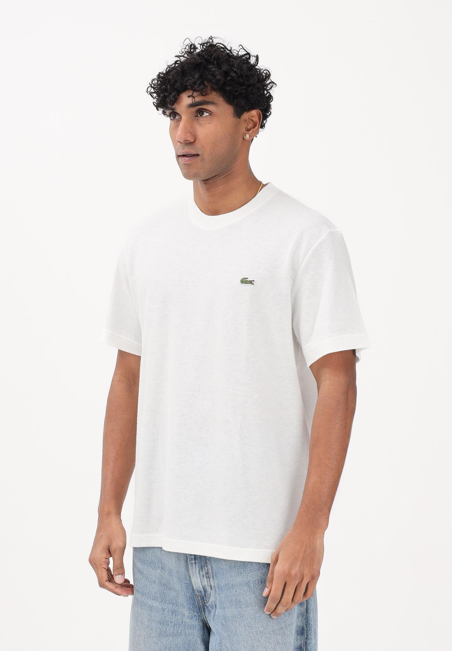 LACOSTE T-shirt a manica corta bianca da uomo in piqué pesante di cotone e lino TH0629 70V LACOSTE