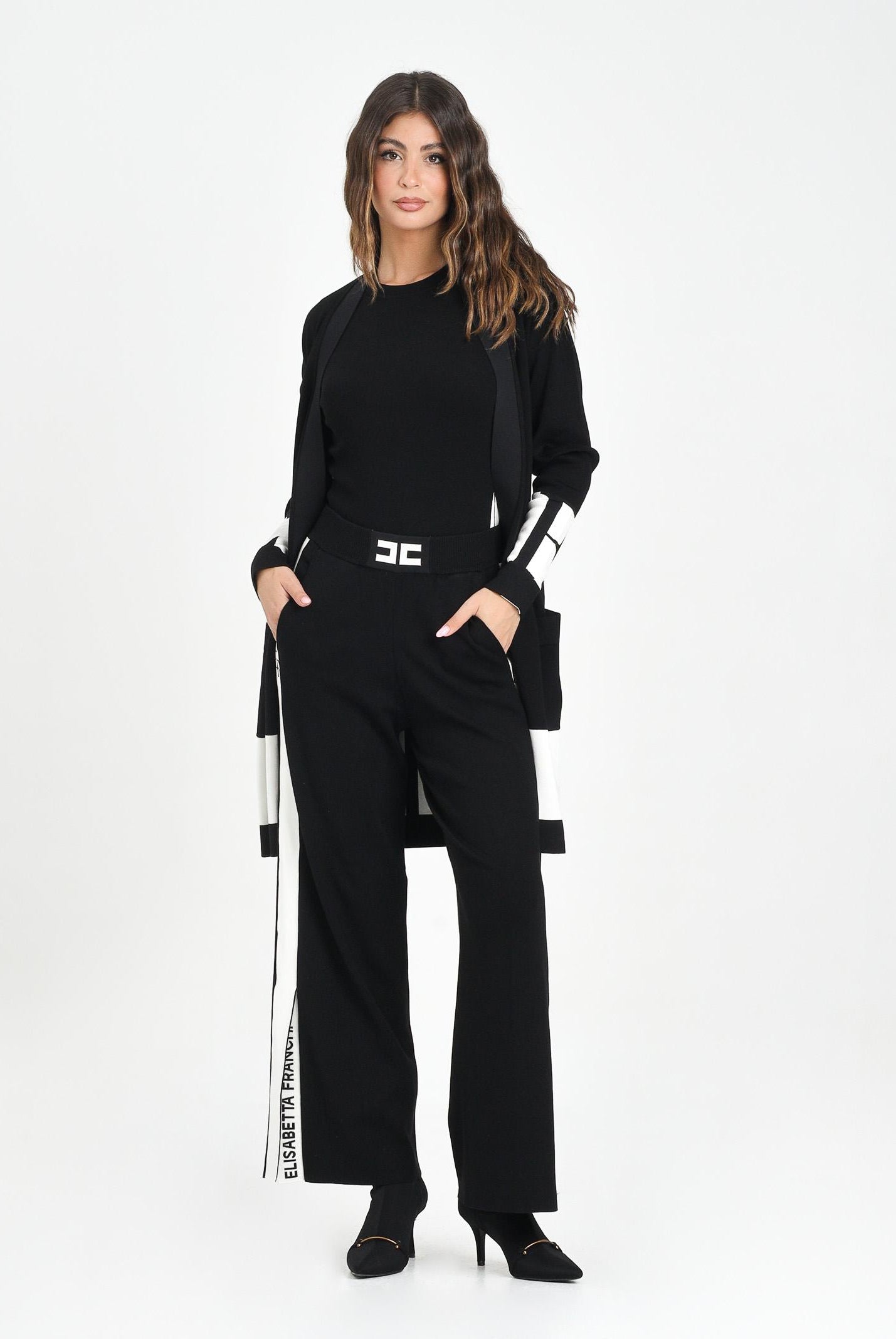 ELISABETTA FRANCHI Cardigan lungo nero da donna con bande lucide MK02S56E2 EF3 ELISABETTA FRANCHI