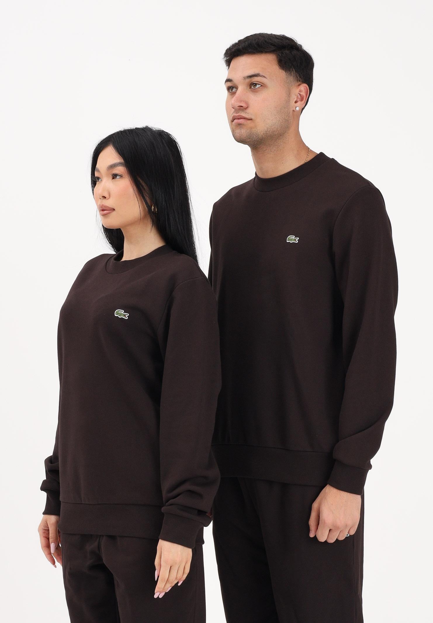 LACOSTE Felpa girocollo marrone per uomo e donna con patch coccodrillo SH9801 3LA LACOSTE