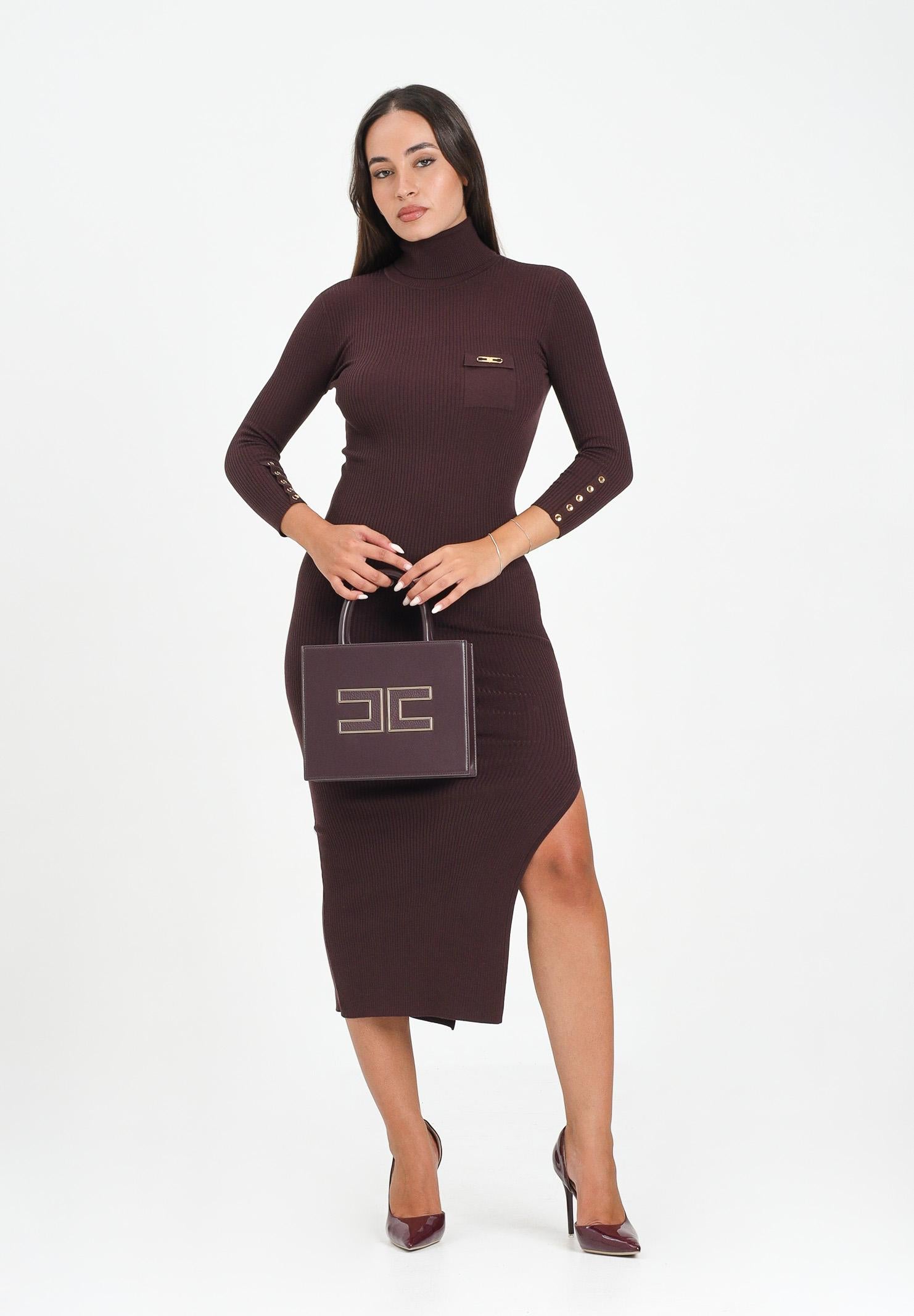 ELISABETTA FRANCHI Abito midi bordeaux da donna in maglia a costine con taschino AM23B56E2 EA4 ELISABETTA FRANCHI