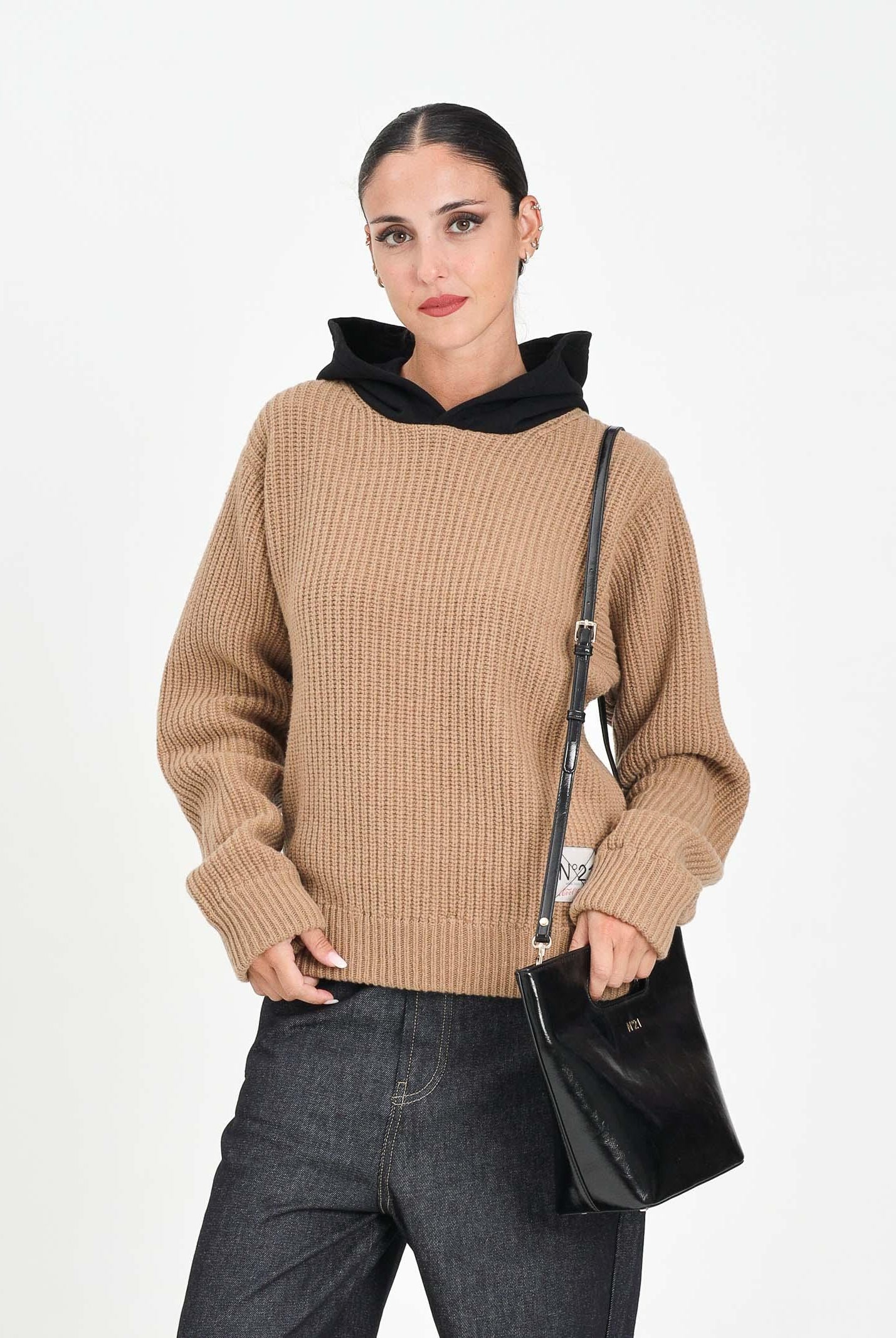 N21 Maglione con cappuccio color cammello e nero per donna, ragazzi e bambini N2108LN0453 0N720 N21