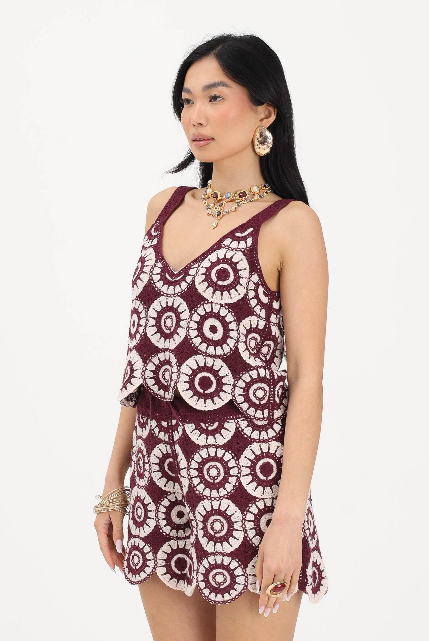 ONLY Top bordeaux e panna da donna in tessuto lavorato tipo crochet 15289731 GRWI ONLY