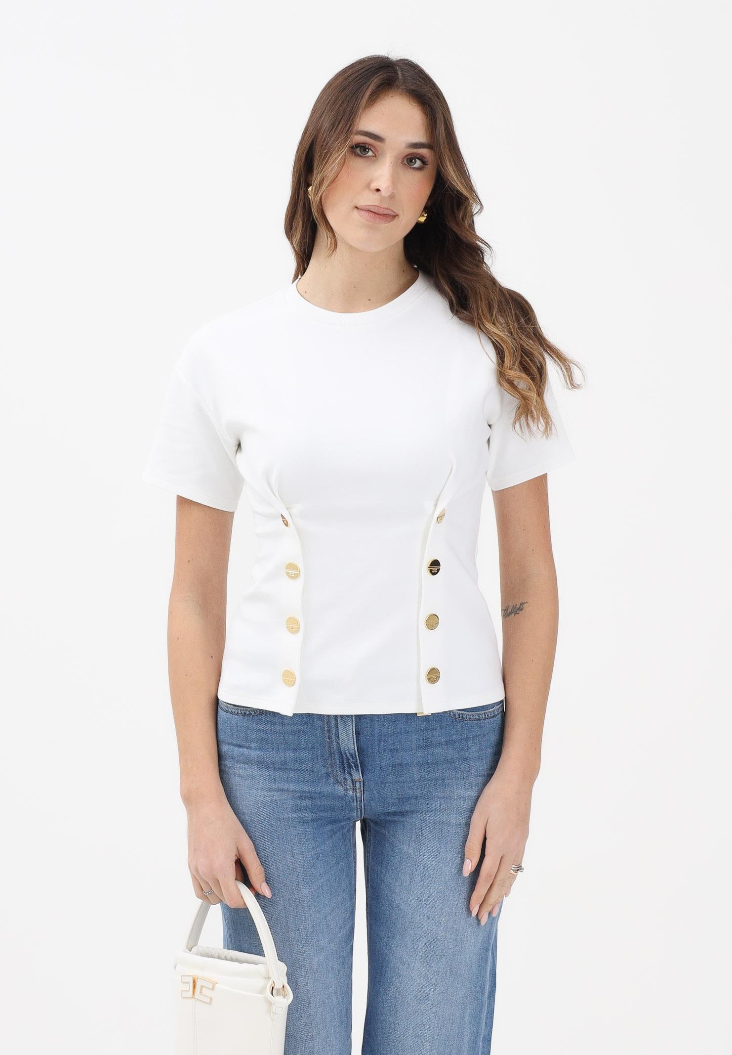 ELISABETTA FRANCHI T-shirt a manica corta bianca da donna con applicazioni di bottoni decorativi MA00461E2 270 ELISABETTA FRANCHI