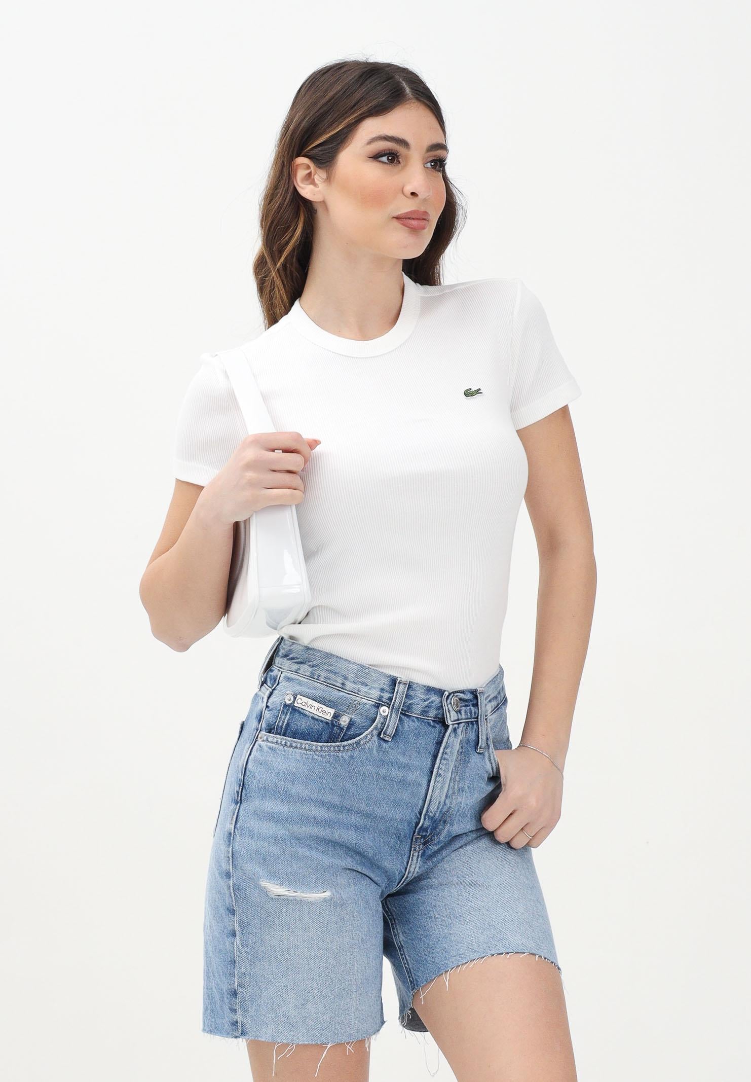 LACOSTE T-shirt a manica corta bianca da donna in cotone a costine TF5538 70V LACOSTE