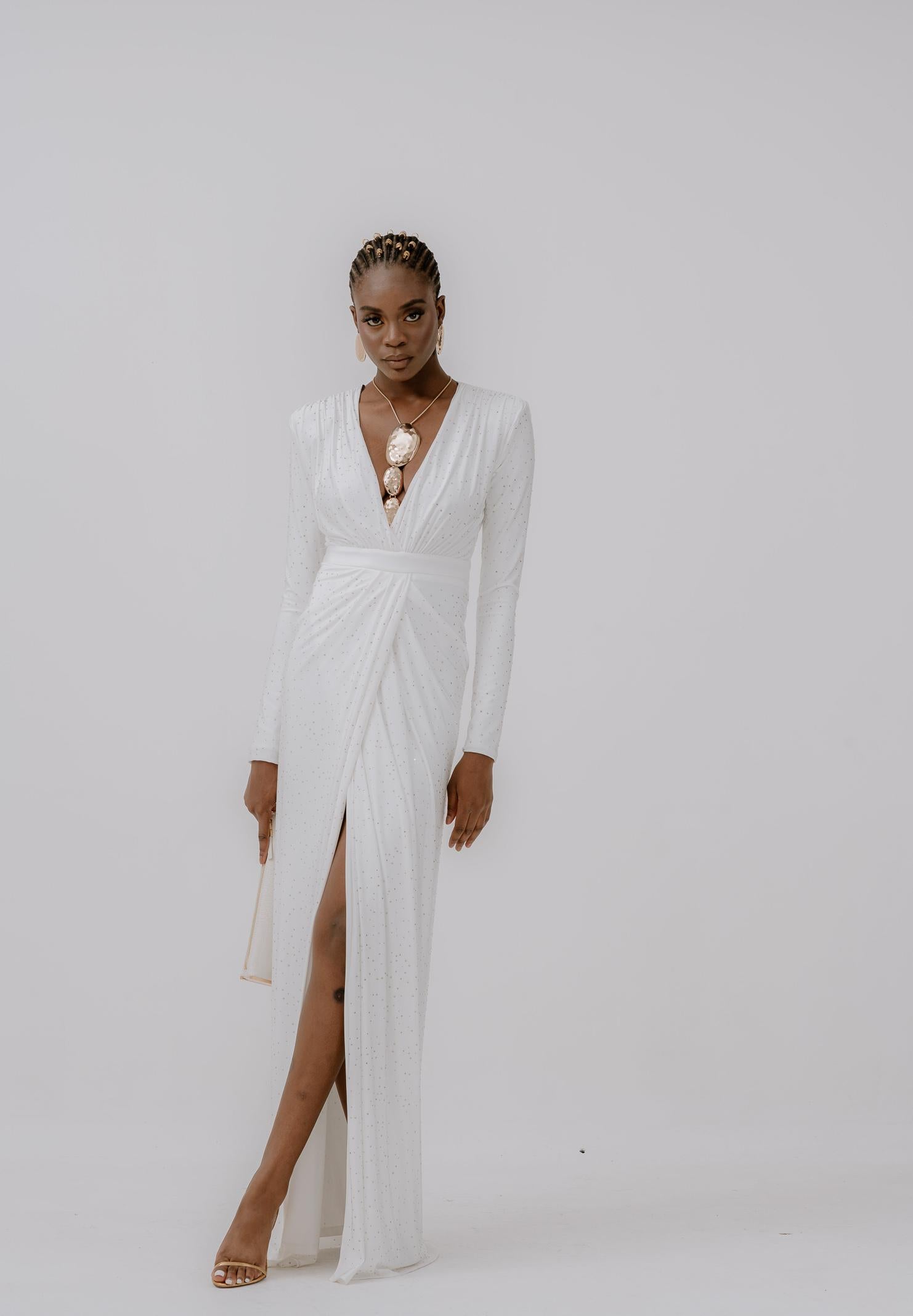 ALMA SANCHEZ Abito lungo Acacio bianco da donna con luminosi micro strass AS2526004EL 010 ALMA SANCHEZ