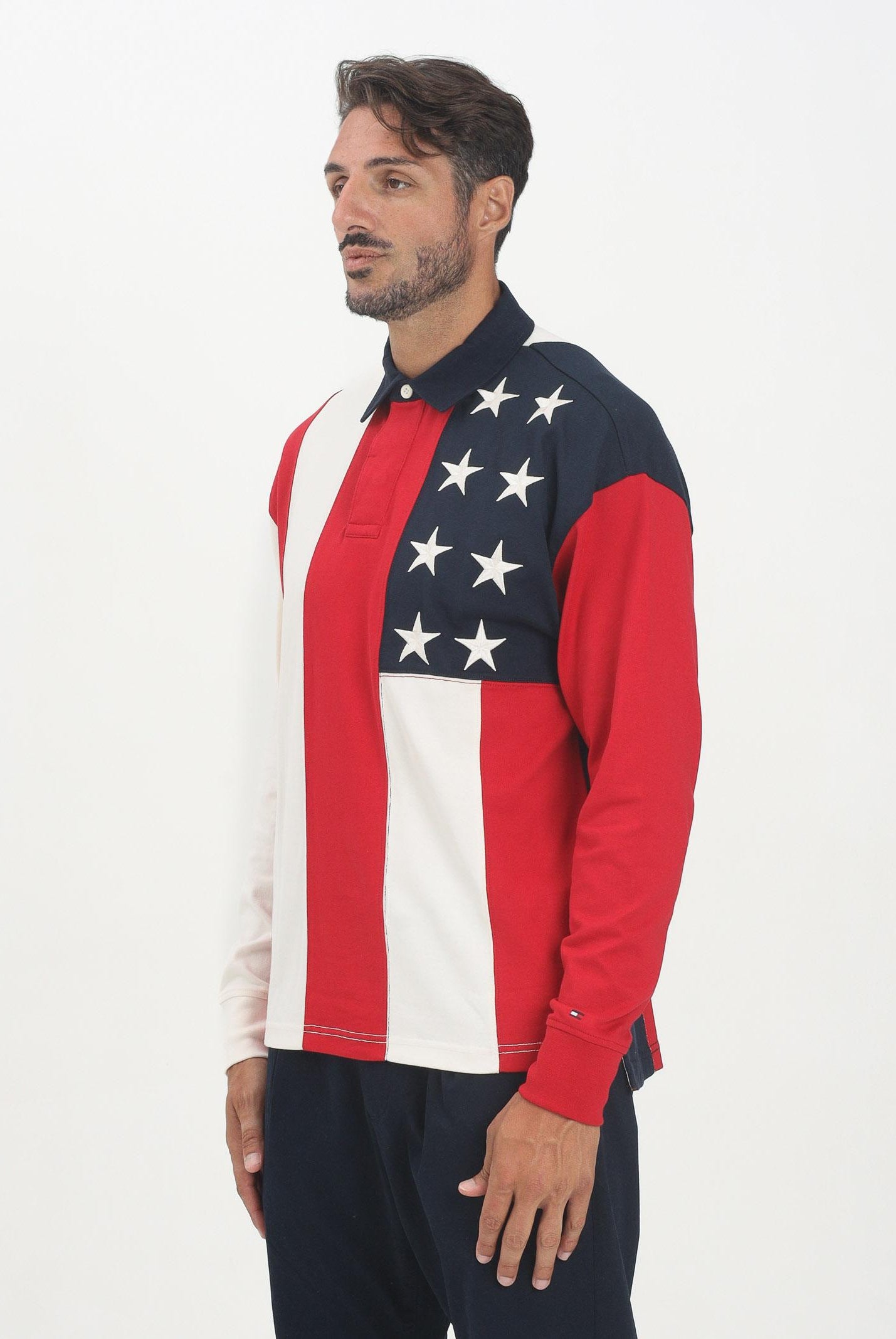 TOMMY HILFIGER Polo a manica lunga panna, rossa e blu da uomo con bandiera americana MW0MW39690DW5 TOMMY HILFIGER