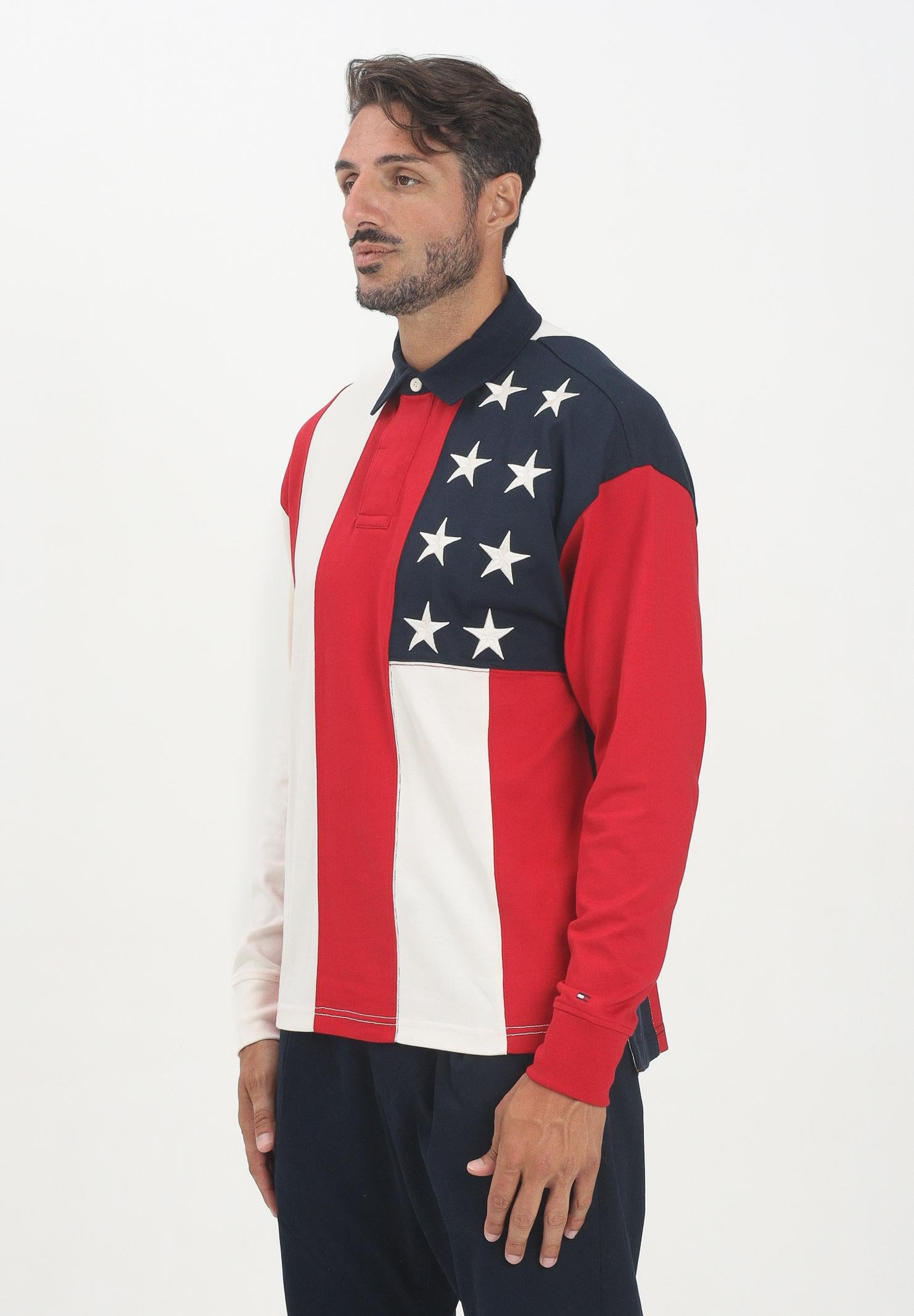TOMMY HILFIGER Polo a manica lunga panna, rossa e blu da uomo con bandiera americana MW0MW39690DW5 TOMMY HILFIGER