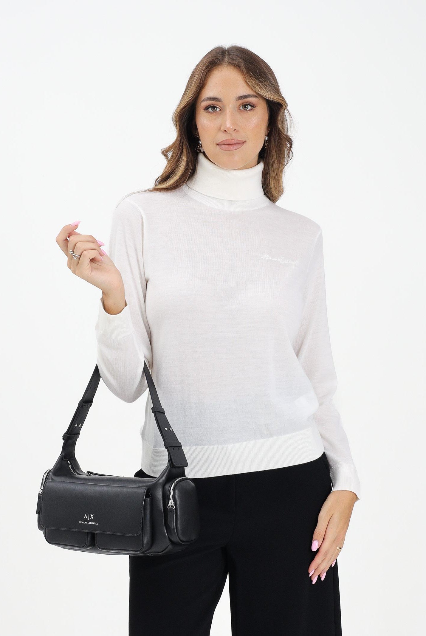 ARMANI EXCHANGE Maglioncino a collo alto bianco da donna con ricamo logo XW001440AF11896 U1003 ARMANI EXCHANGE