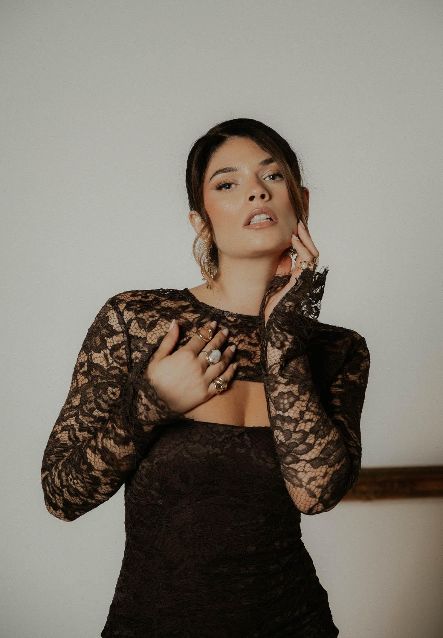 SANTAS Abito midi CHARME in pizzo marrone da donna PV2602 MA SANTAS