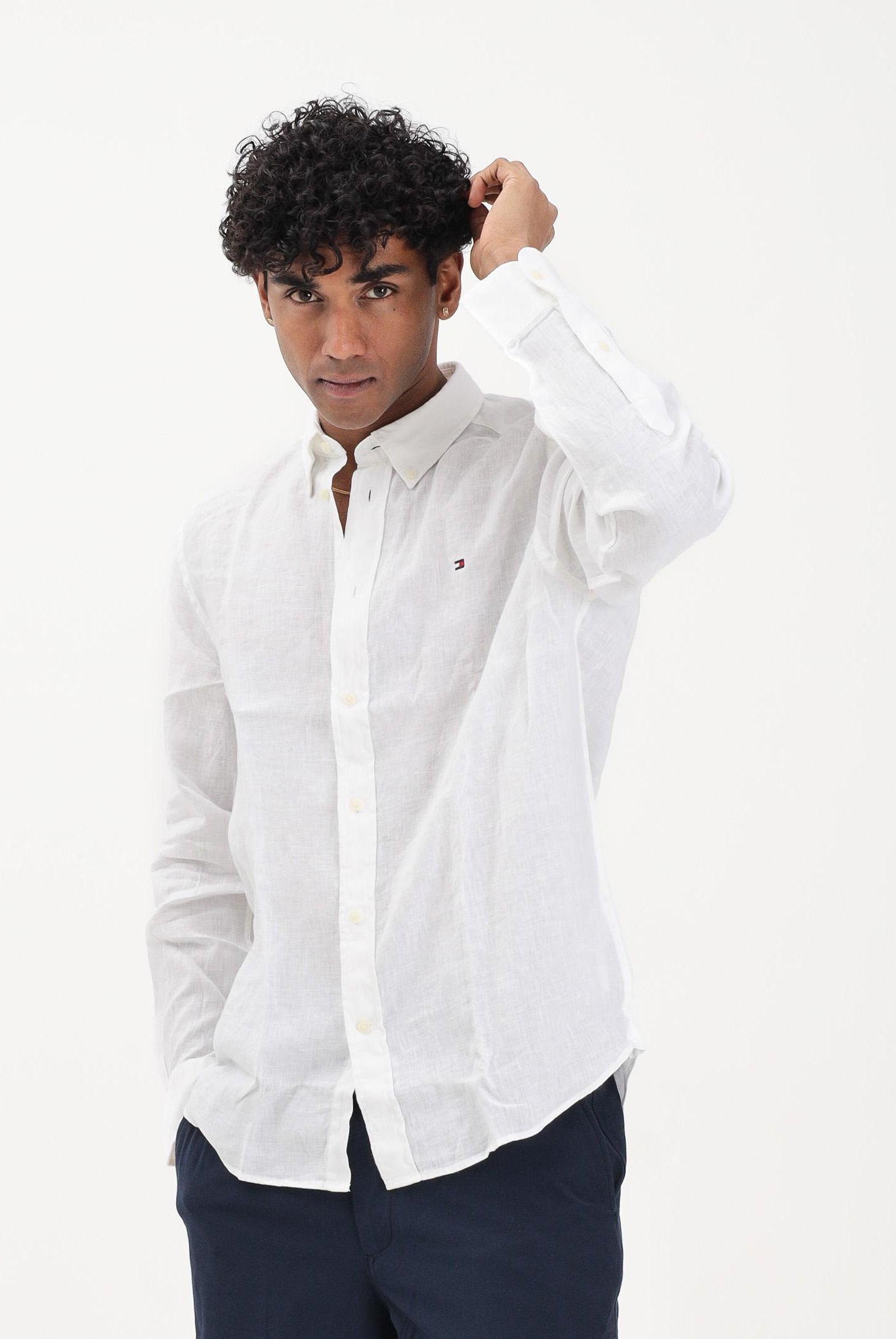 TOMMY HILFIGER Camicia a manica lunga in lino bianca da uomo MW0MW41530 YBR TOMMY HILFIGER