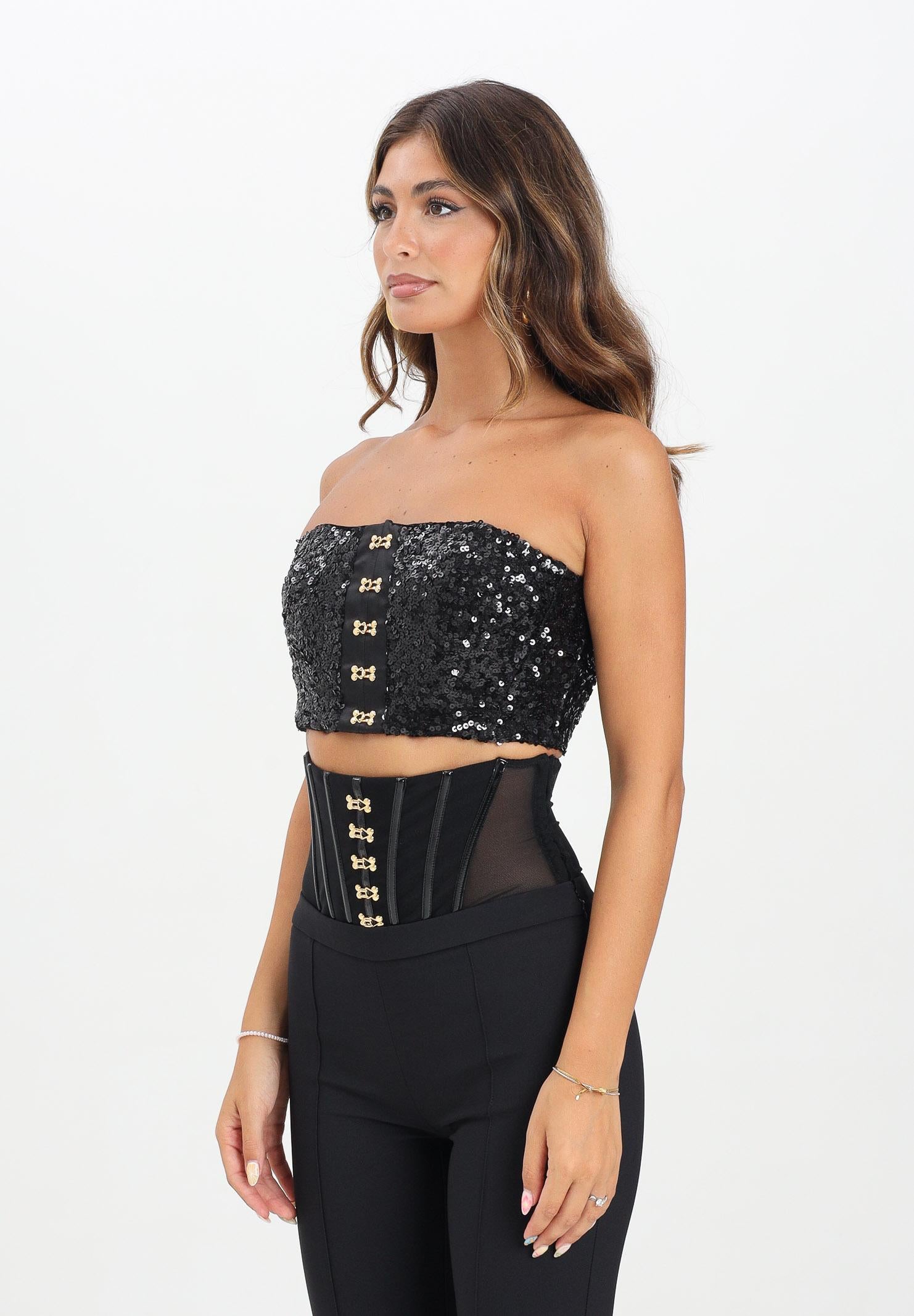 ELISABETTA FRANCHI Top nero da donna con paillettes e ganci gioiello<BR/> TO04757E2 110 ELISABETTA FRANCHI