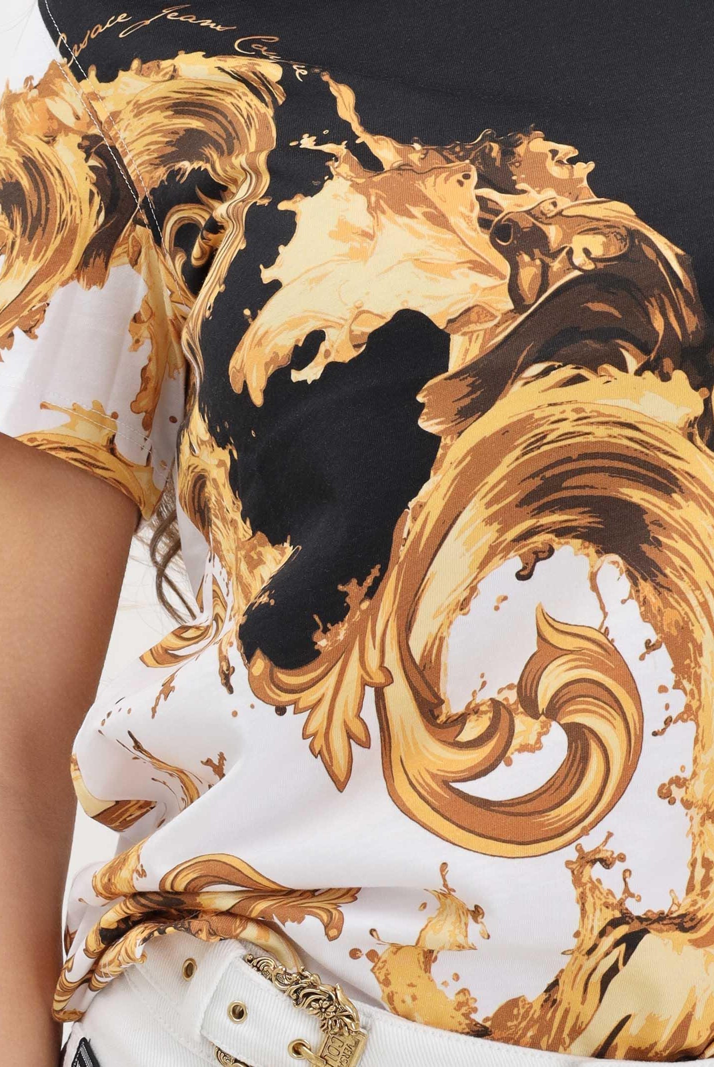 VERSACE JEANS COUTURE T-shirt a manica corta nera e bianca da donna con stampa Wave Couture 80HAH6P3JS542 GL1 VERSACE JEANS COUTURE