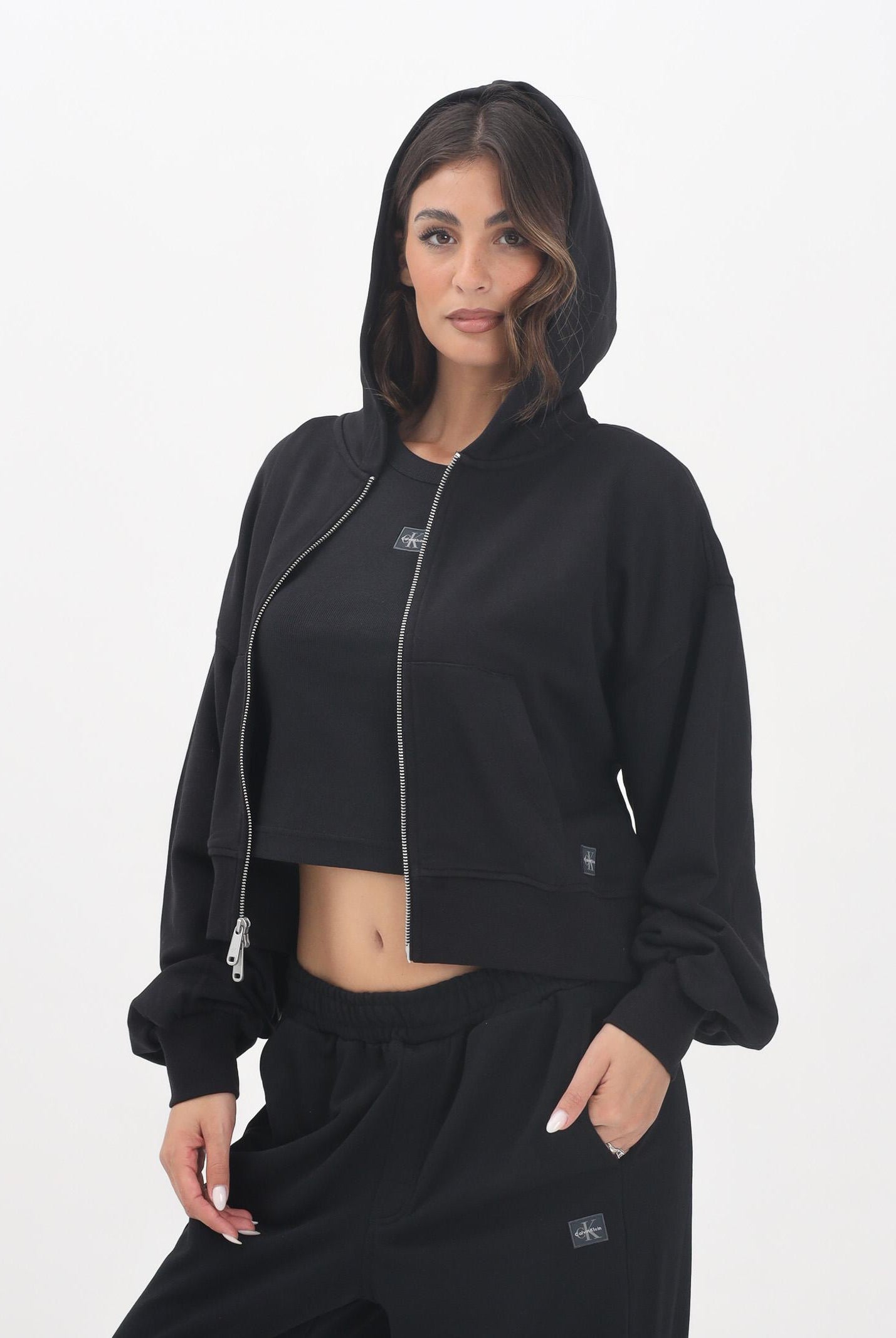 CALVIN KLEIN JEANS Felpa con zip nera da donna rifinita da logo LV047C216GUB1 CALVIN KLEIN JEANS