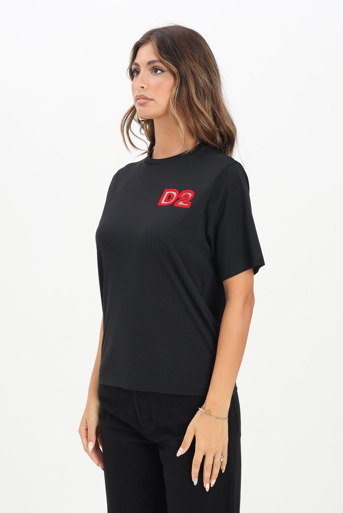 DSQUARED2 T-shirt a manica corta nera per donna, ragazzi e bambini con logo Beads DQ2996D00MM DQ900 DSQUARED2