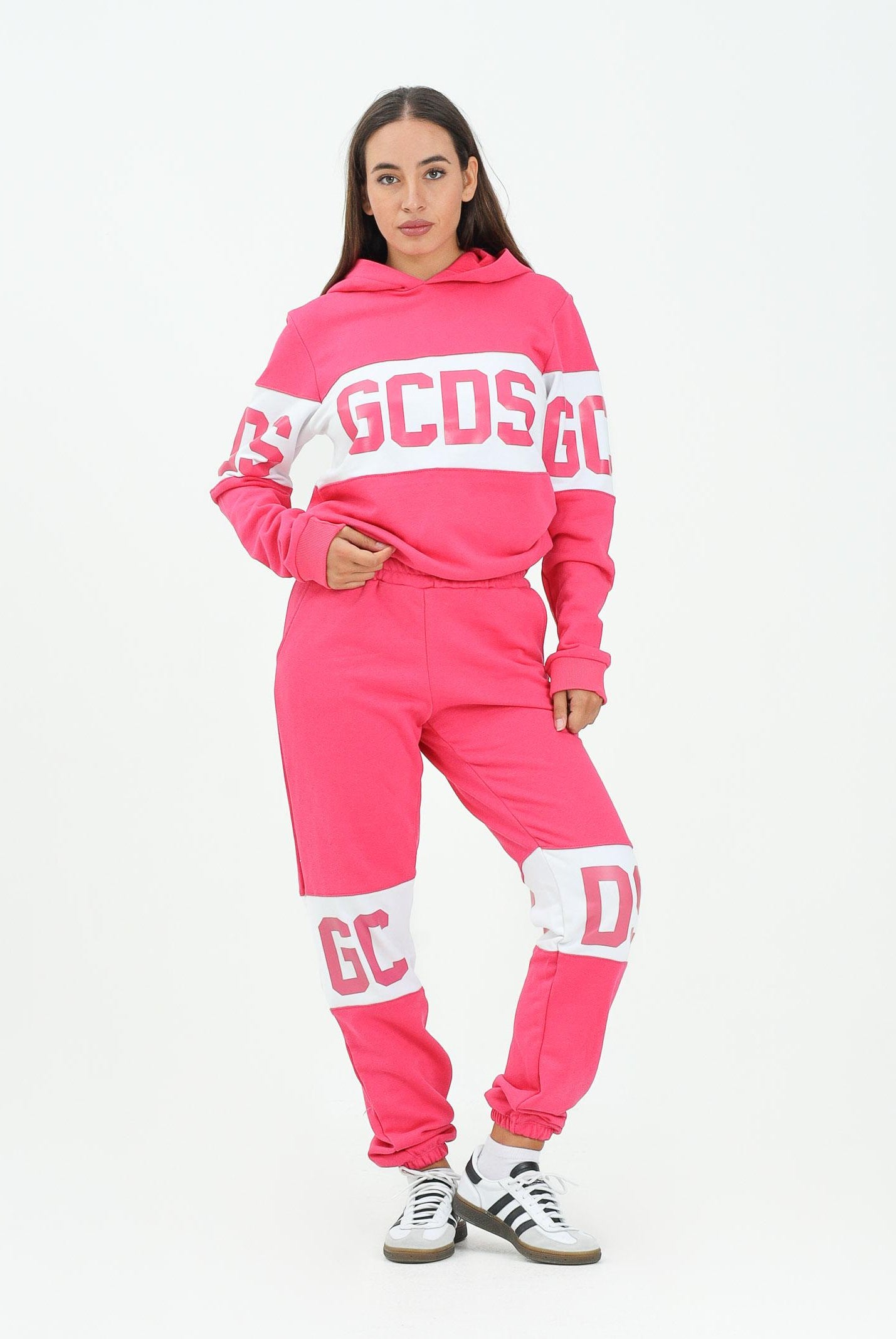 GCDS Pantalone sportivo fucsia per donna, ragazzi e bambini con banda a contrasto e logo B2JU3017BA2 59 GCDS
