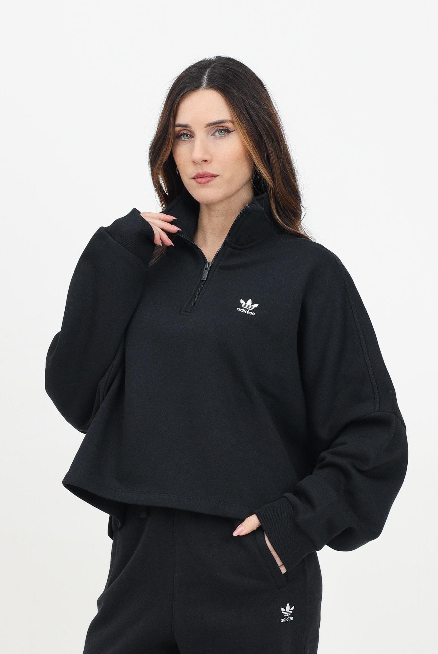 ADIDAS ORIGINALS Felpa a mezza zip Essentials nera da donna IW0951 ADIDAS ORIGINALS