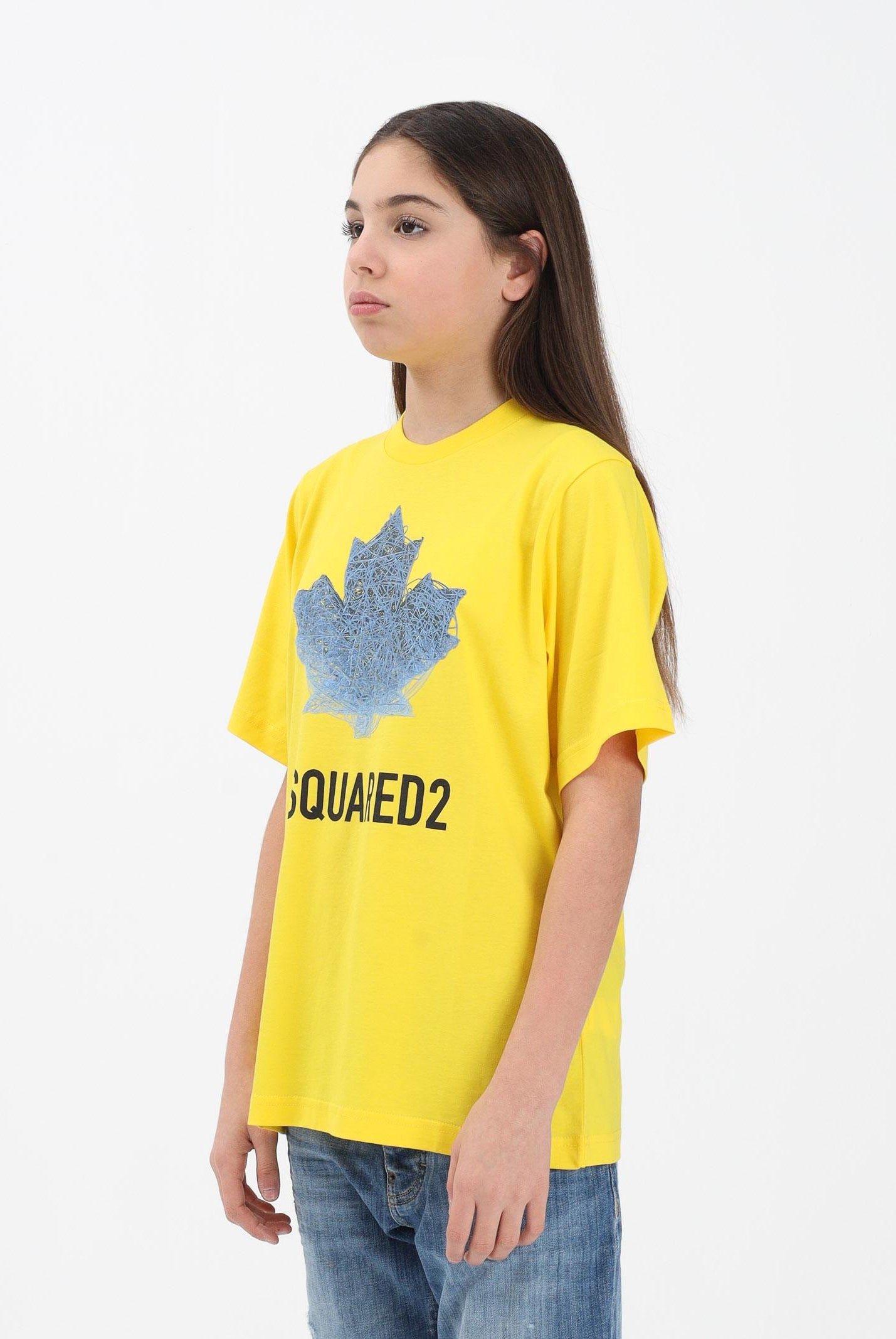 DSQUARED2 T-shirt a manica corta gialla per donna, ragazzi e bambini con logo e maxi foglia d'acero DQ3176D00XM DQ220 DSQUARED2