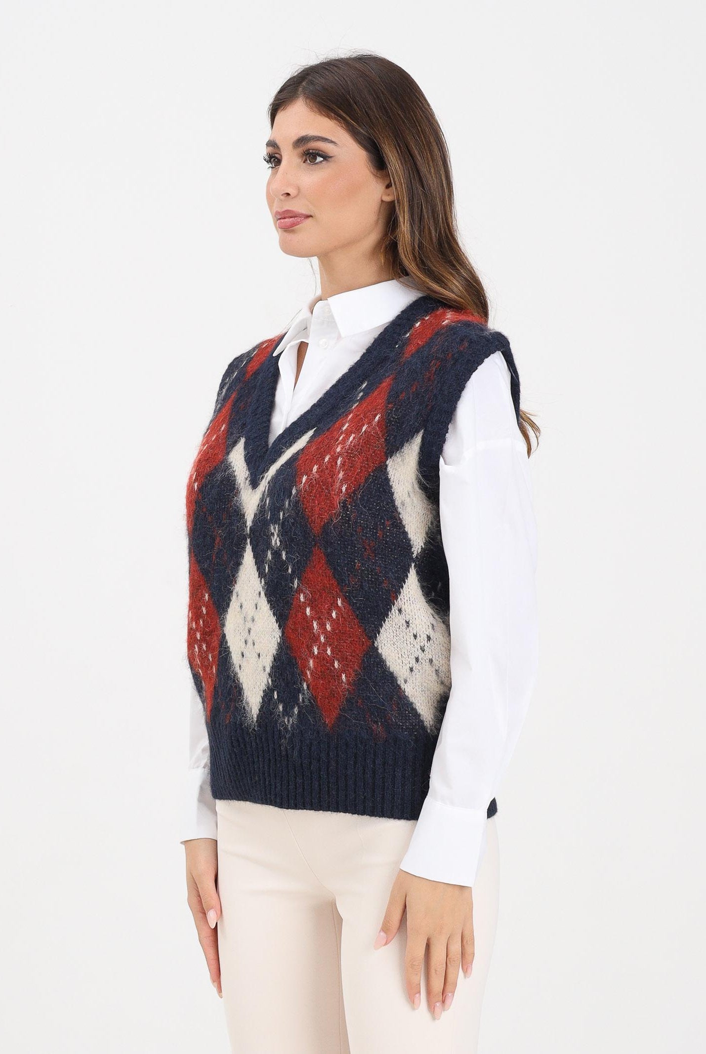 ONLY Gilet da donna con classico motivo argyle nei toni caldi del blu navy, rosso e panna 15353229 NightSky ONLY