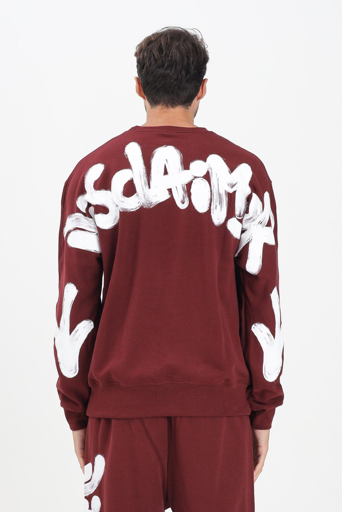 DISCLAIMER Felpa girocollo bordeaux da uomo con maxi stampa sul retro 25IDS55104 BO DISCLAIMER